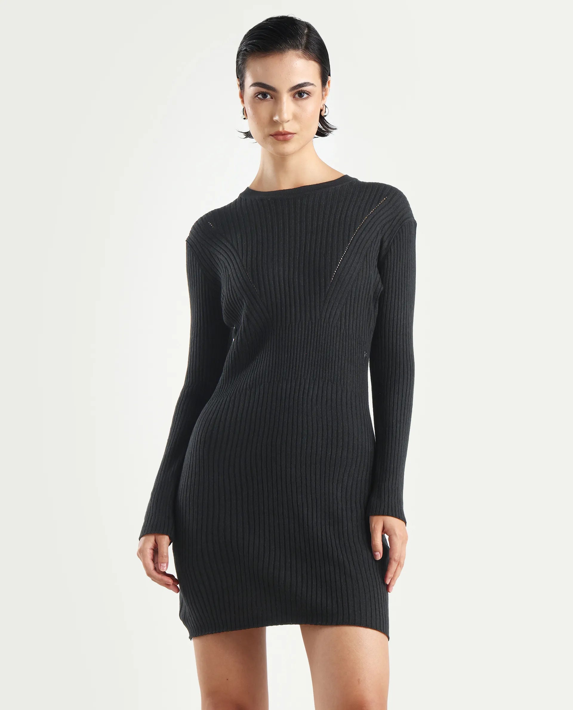 Rareism Women's Biyanca Black Acrylic Crew Neck Plain Mini Bodycon Dress