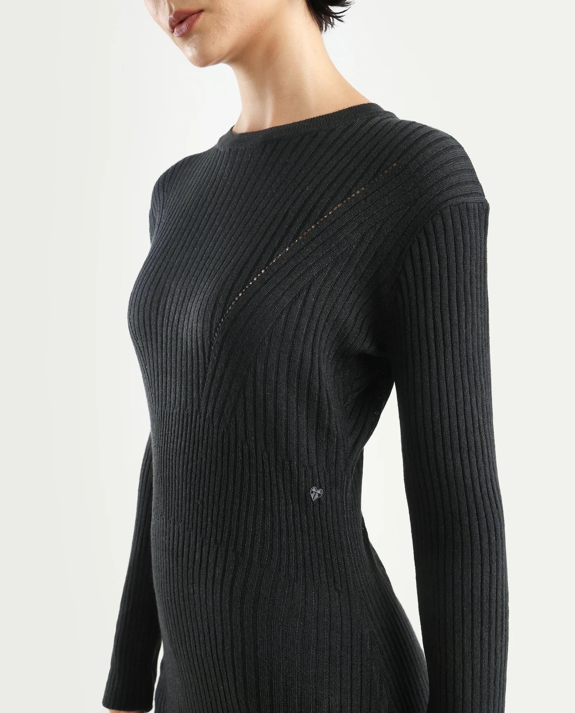 Rareism Women's Biyanca Black Acrylic Crew Neck Plain Mini Bodycon Dress