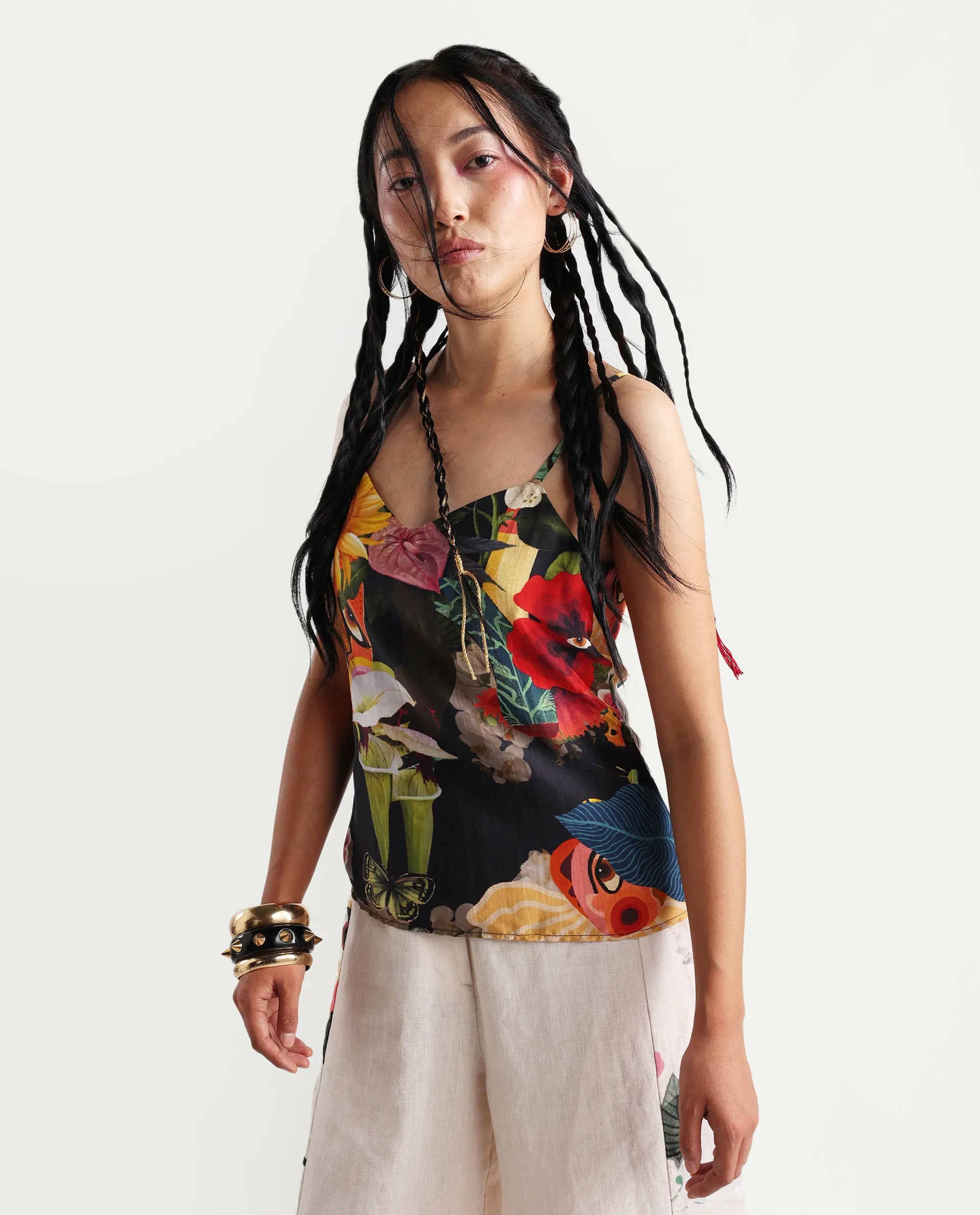 Rareism Women's Bizu-T Black Silk Sleeveless Regular Fit Abstract Print Top