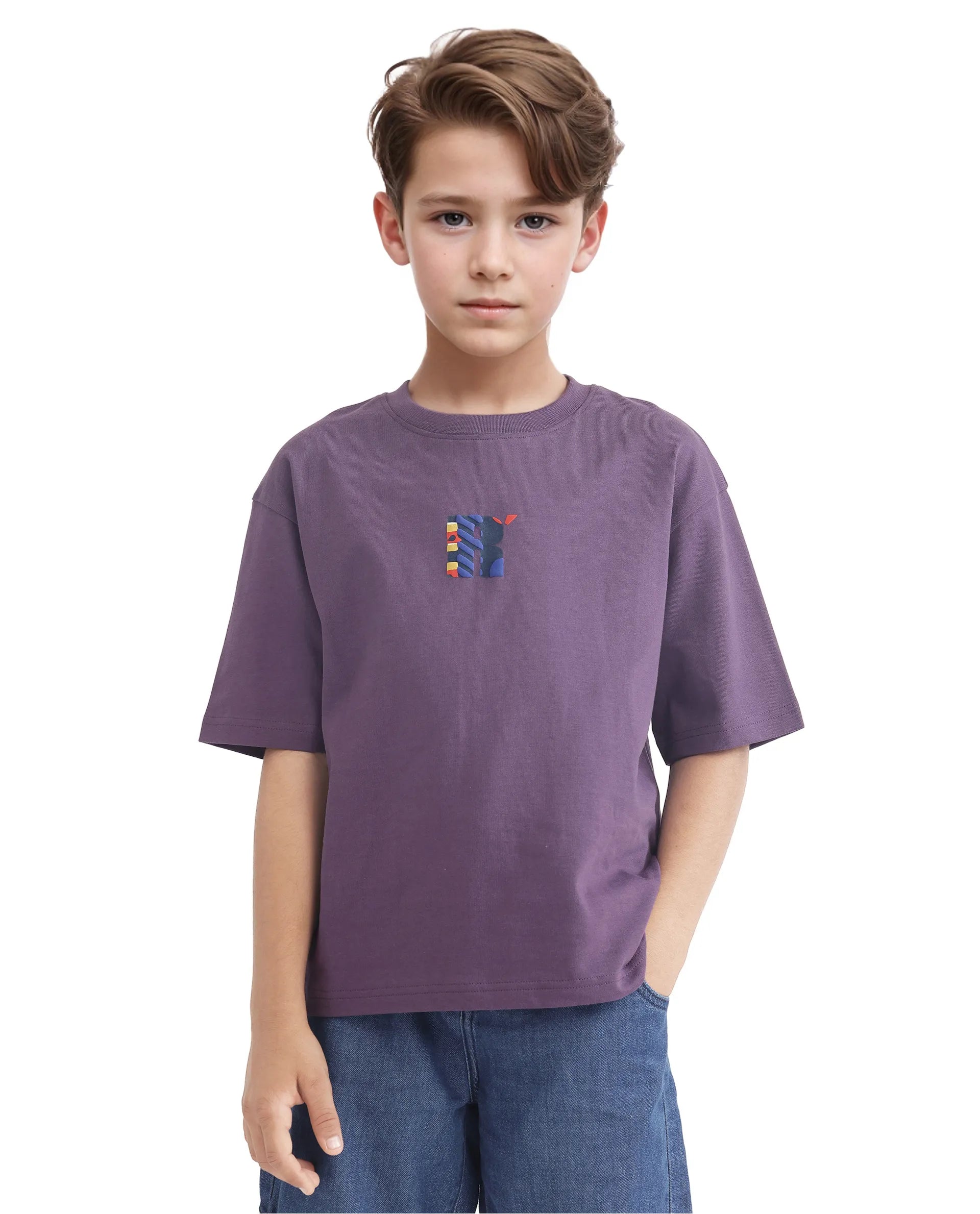 Rare Ones Kids Bjorn-K Dark Purple Cotton Half Sleeve Slip-On Printed Boxy Fit T-Shirt