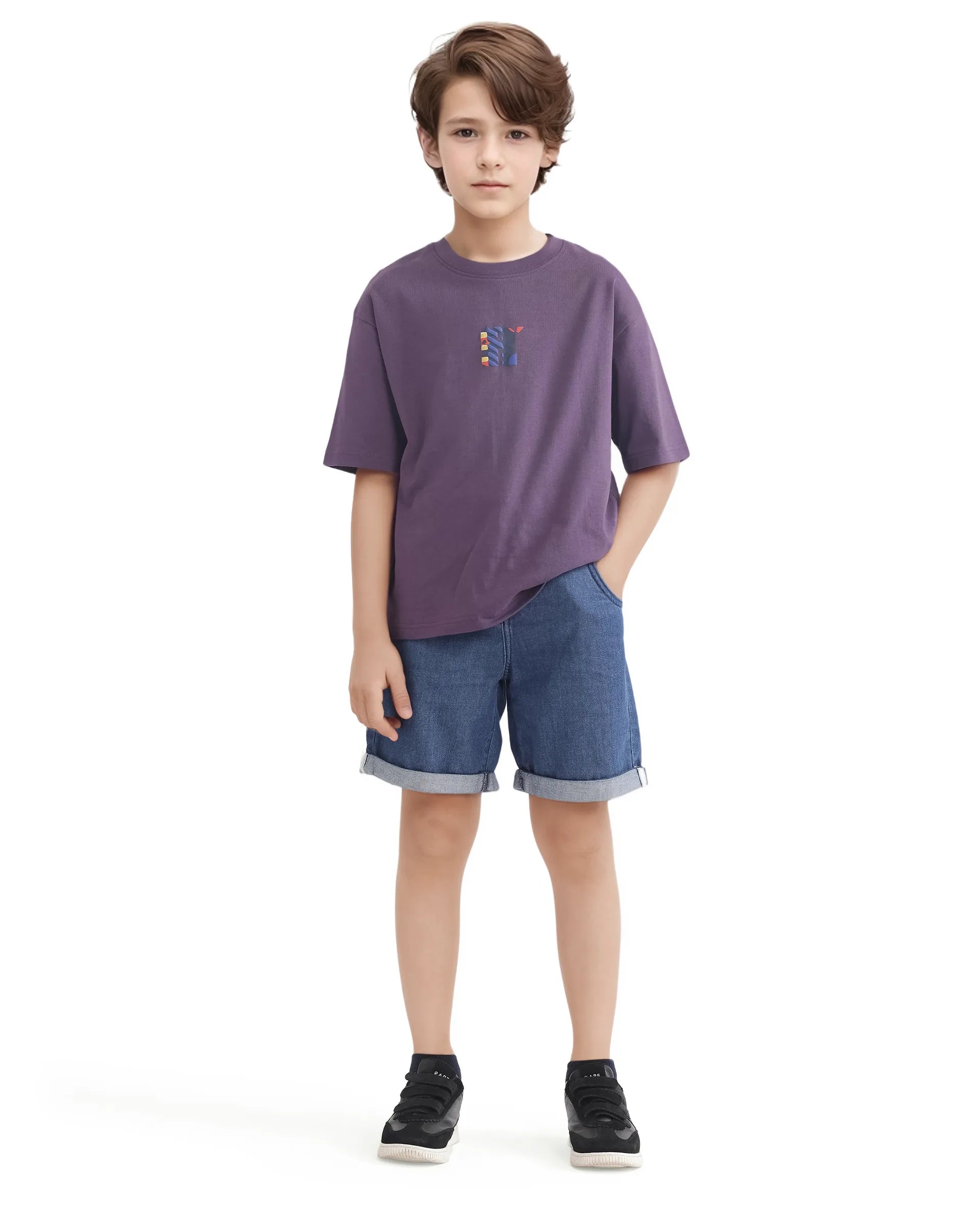 Rare Ones Kids Bjorn-K Dark Purple Cotton Half Sleeve Slip-On Printed Boxy Fit T-Shirt
