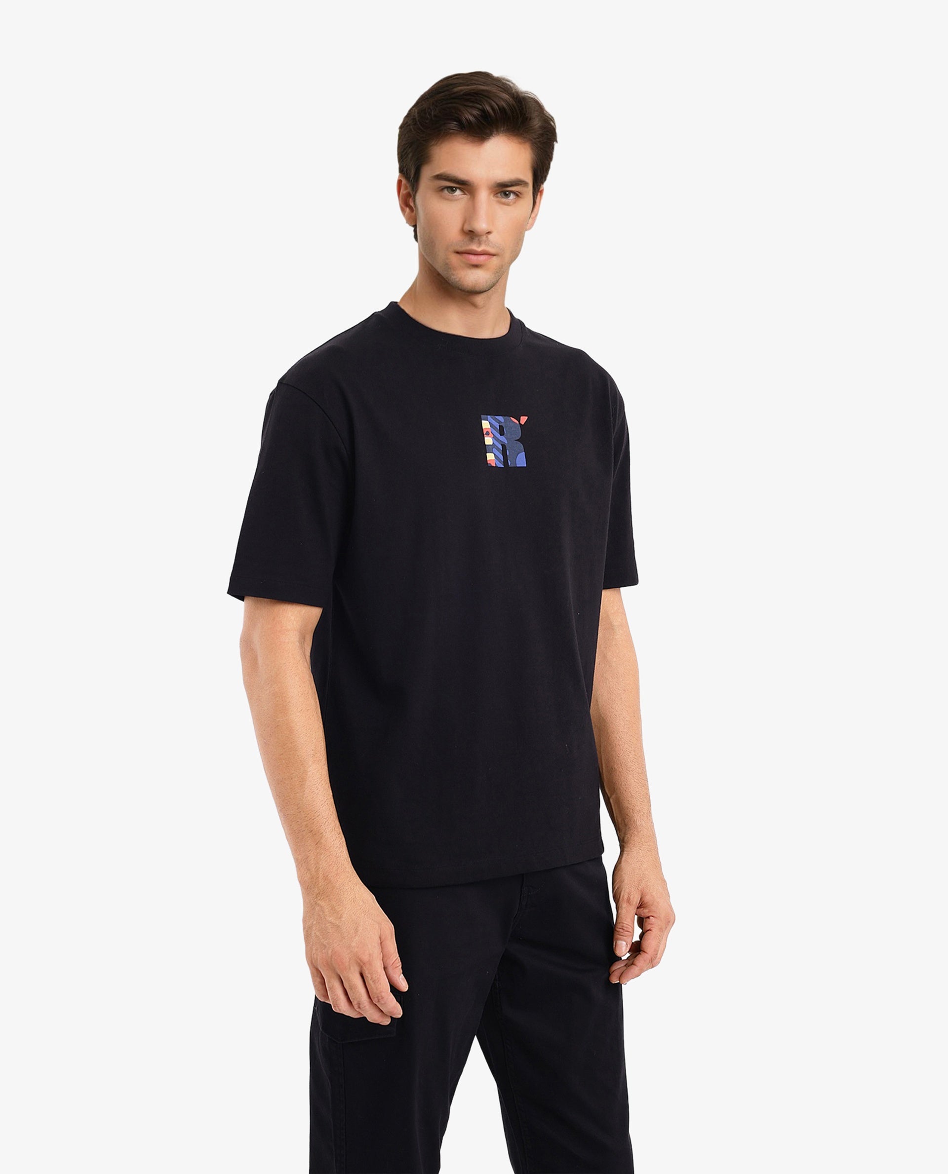 Rare Rabbit Men Bjorn Black Cotton Fabric Short Sleeve Crew Neck Oversized Fit Graphic Back Print T-Shirt