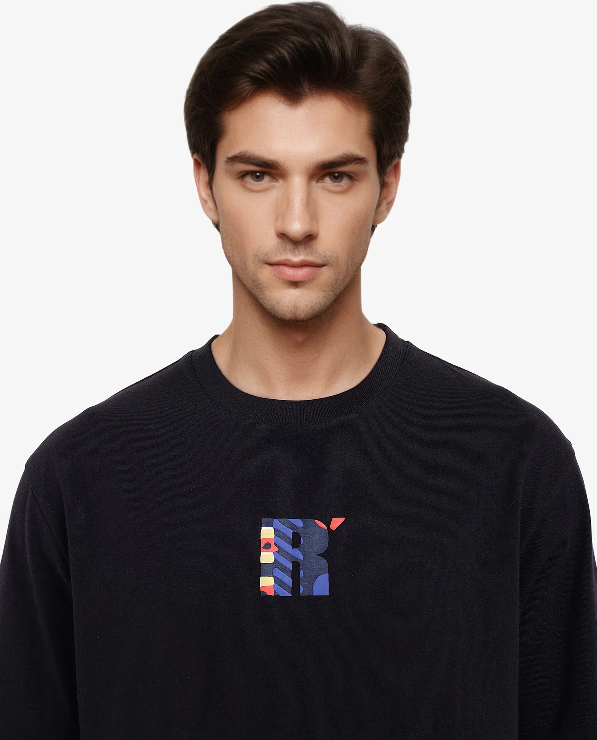 Rare Rabbit Men Bjorn Black Cotton Fabric Short Sleeve Crew Neck Oversized Fit Graphic Back Print T-Shirt