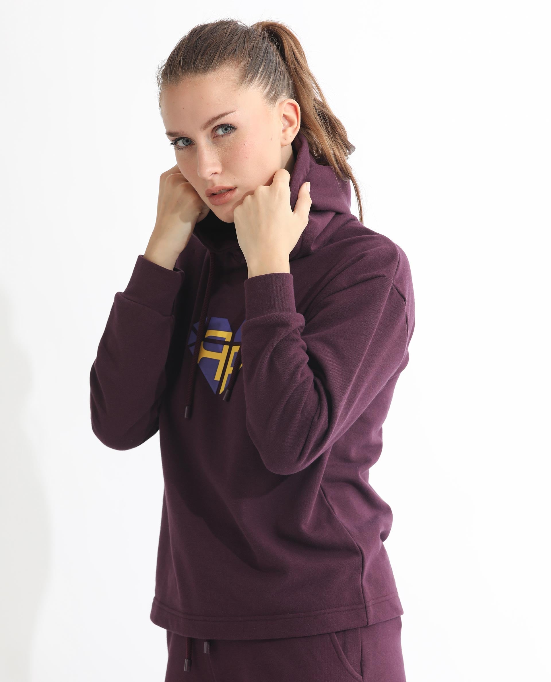 Rareism Women Blacher Dark Maroon Poly Cotton Fabric Regular Fit Full Sleeves Graphic Print Hooded Sweatshirt