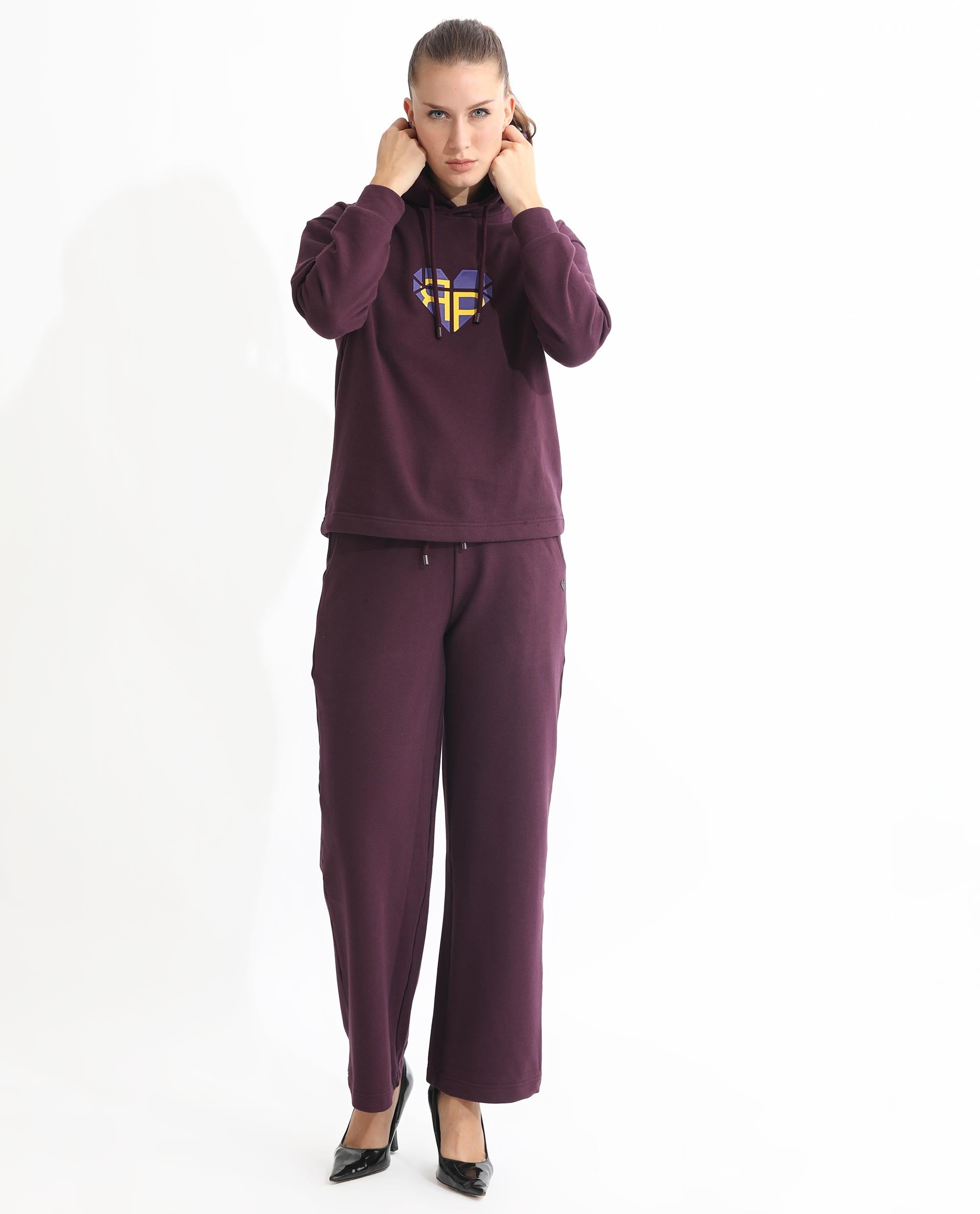 Rareism Women Blacher Dark Maroon Poly Cotton Fabric Regular Fit Full Sleeves Graphic Print Hooded Sweatshirt