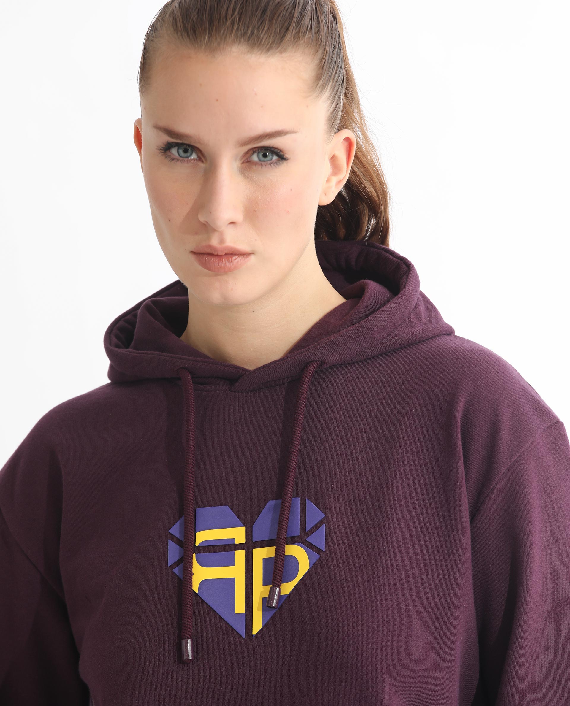 Rareism Women Blacher Dark Maroon Poly Cotton Fabric Regular Fit Full Sleeves Graphic Print Hooded Sweatshirt