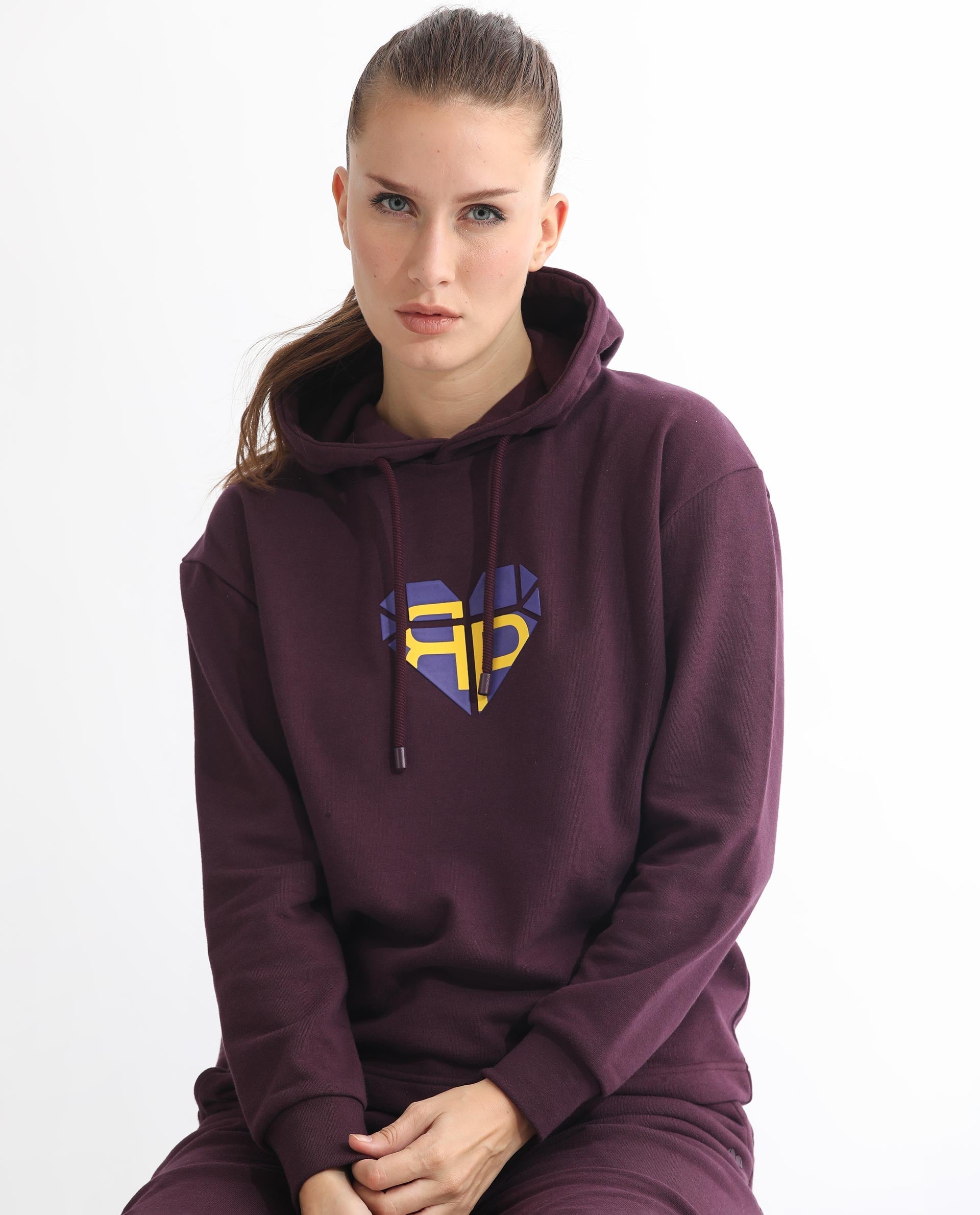 Rareism Women Blacher Dark Maroon Poly Cotton Fabric Regular Fit Full Sleeves Graphic Print Hooded Sweatshirt