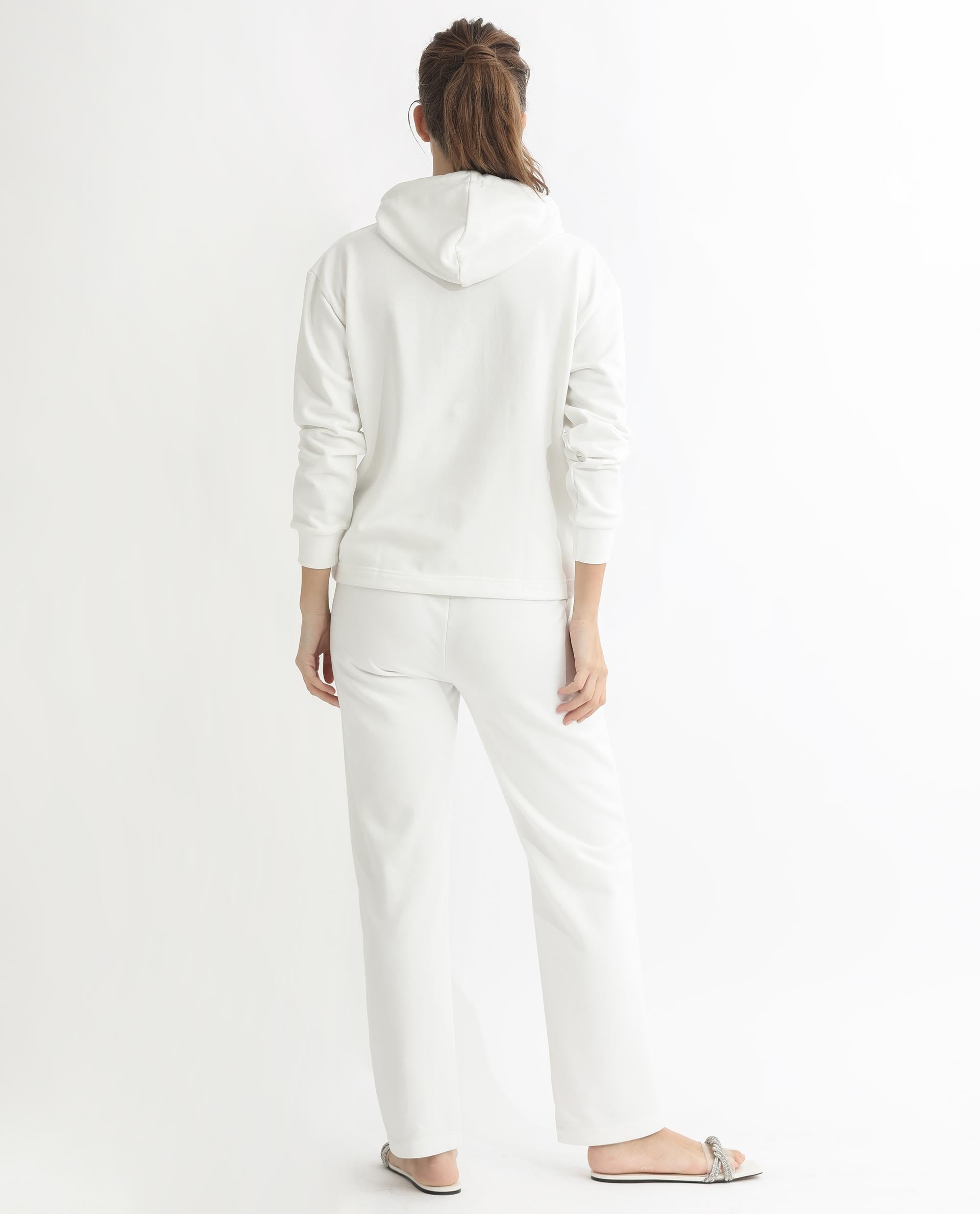 Rareism Women Blacher Off White Poly Cotton Fabric Regular Fit Full Sleeves Graphic Print Hooded Sweatshirt