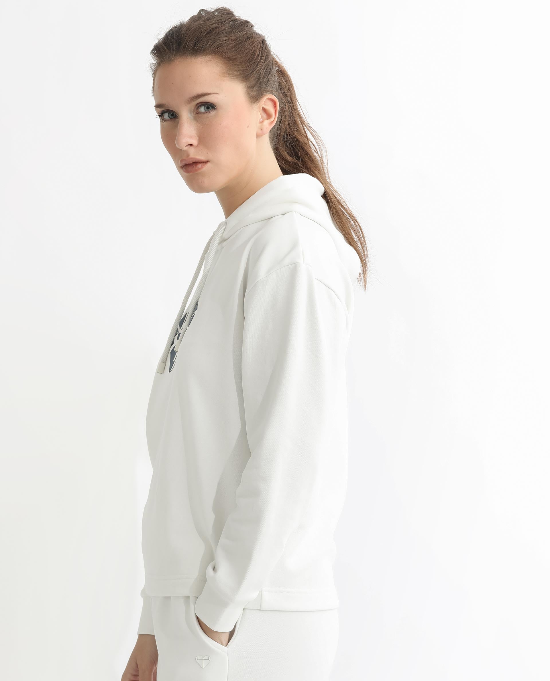 Rareism Women Blacher Off White Poly Cotton Fabric Regular Fit Full Sleeves Graphic Print Hooded Sweatshirt