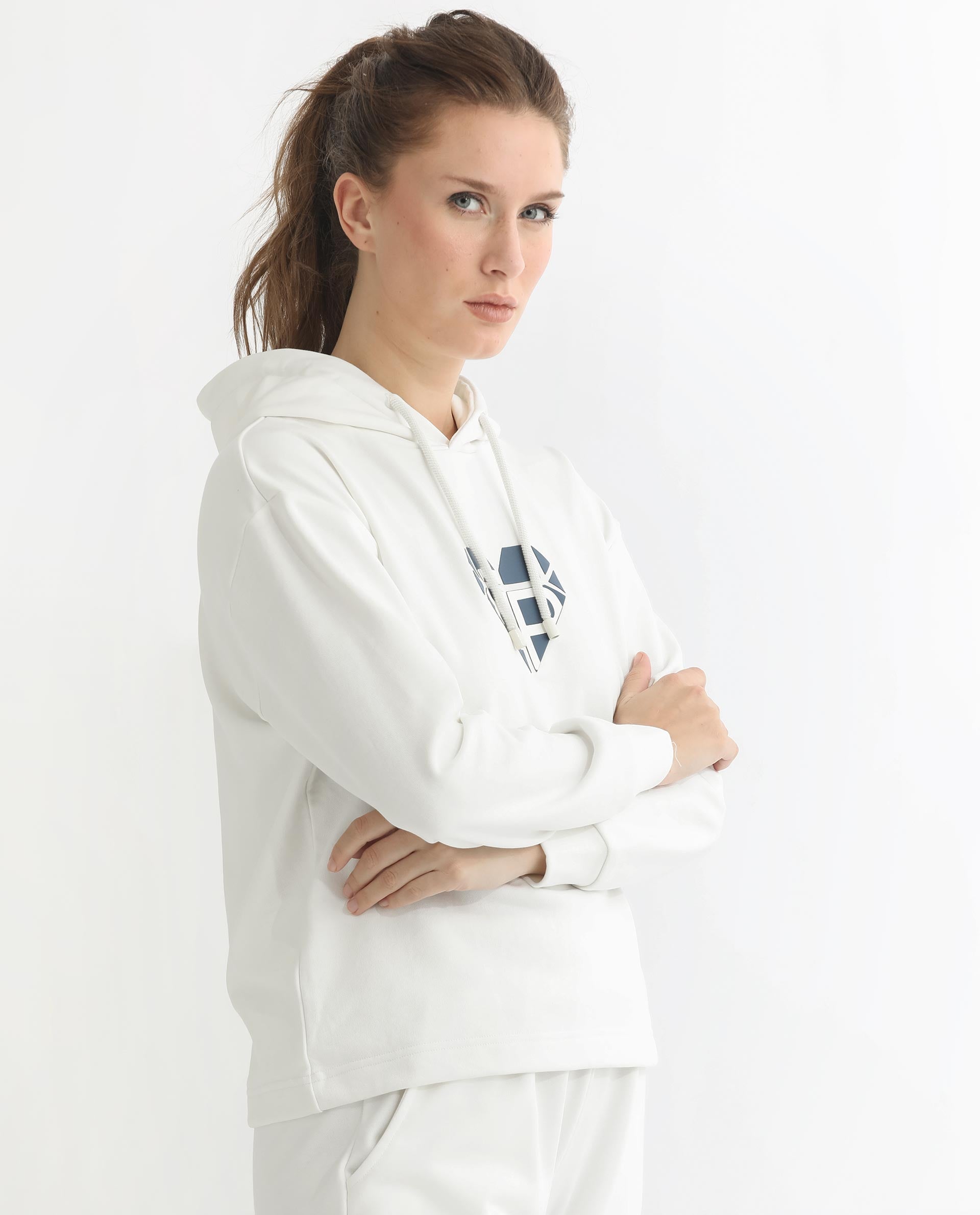 Rareism Women Blacher Off White Poly Cotton Fabric Regular Fit Full Sleeves Graphic Print Hooded Sweatshirt