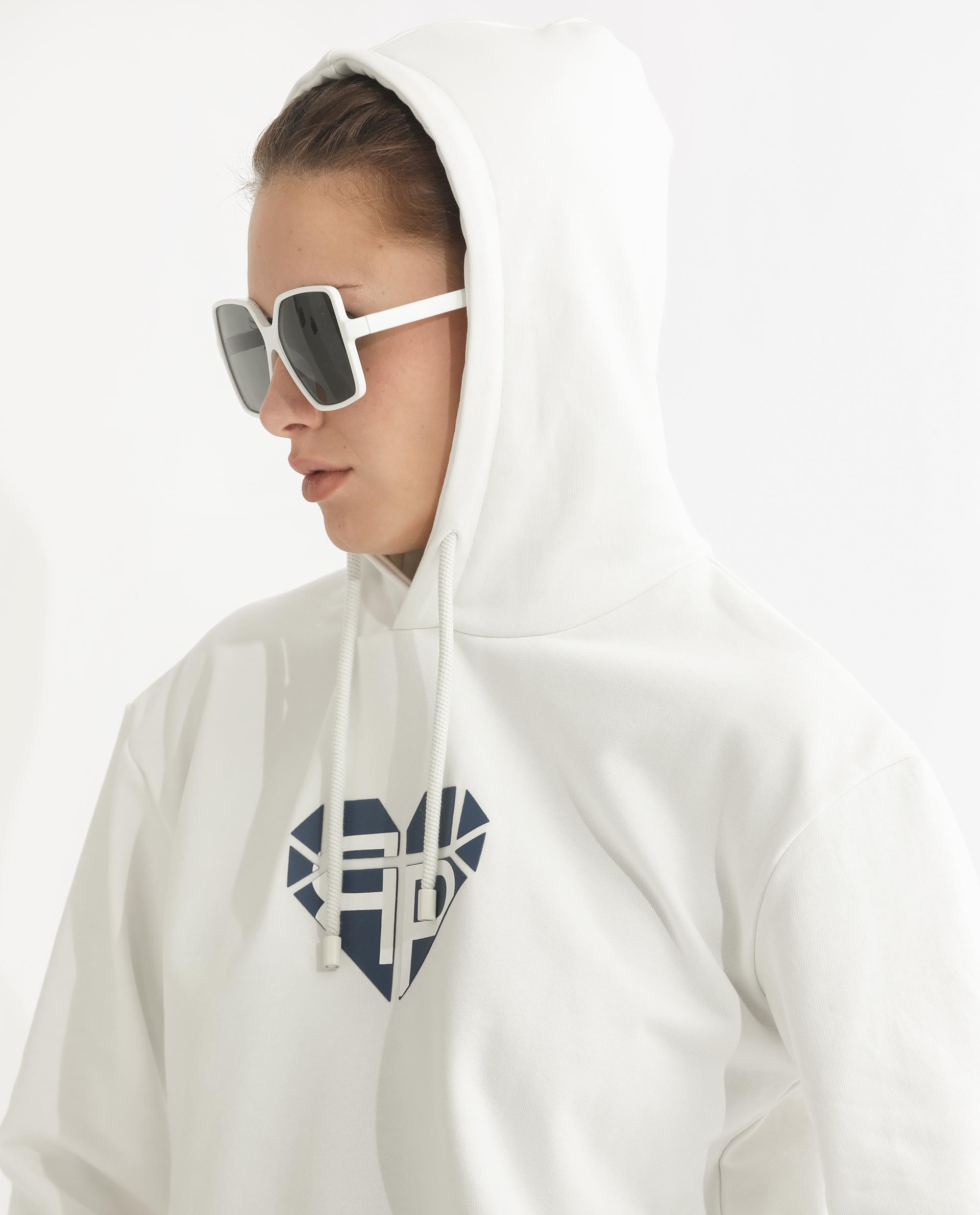 Rareism Women Blacher Off White Poly Cotton Fabric Regular Fit Full Sleeves Graphic Print Hooded Sweatshirt