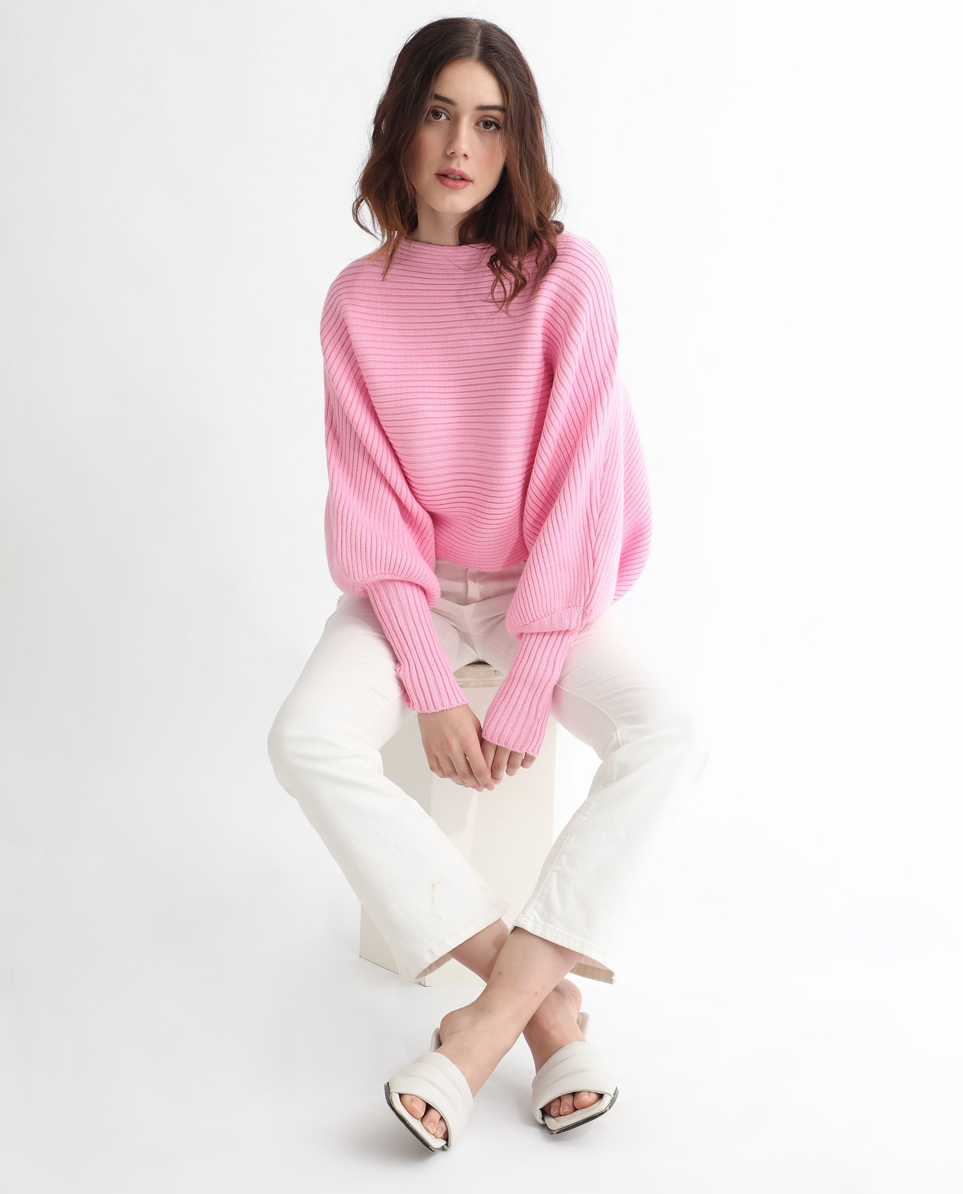 Rareism Women Blaire Light Pink Viscose Nylon Fabric Full Sleeves Round Neck Bishop Sleeve Relaxed Fit Plain Cropped Sweater