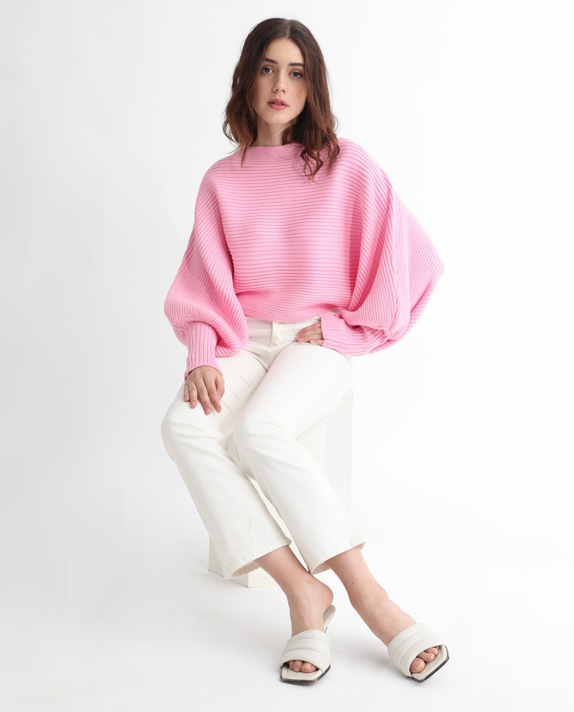 Rareism Women Blaire Light Pink Viscose Nylon Fabric Full Sleeves Round Neck Bishop Sleeve Relaxed Fit Plain Cropped Sweater