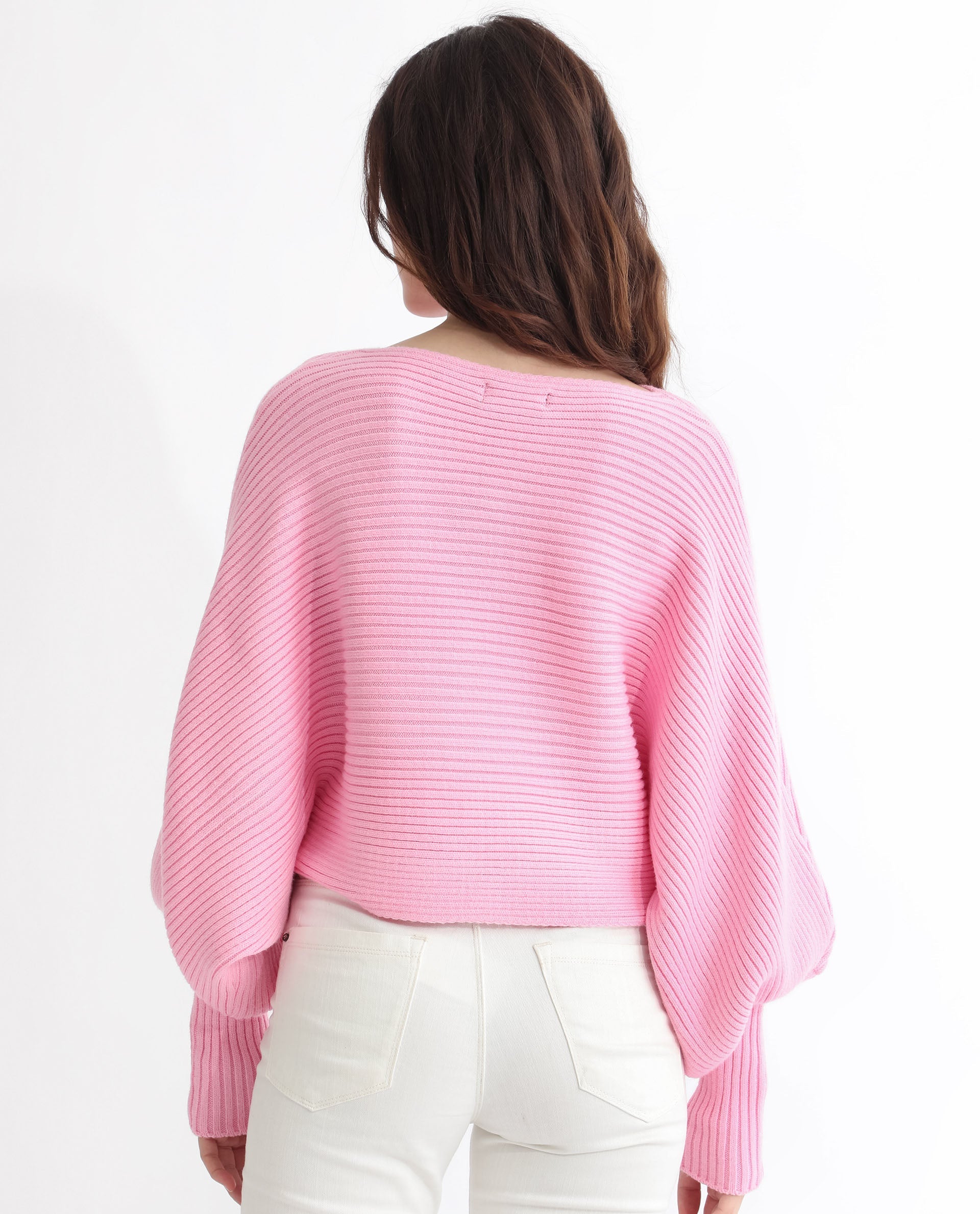 Rareism Women Blaire Light Pink Viscose Nylon Fabric Full Sleeves Round Neck Bishop Sleeve Relaxed Fit Plain Cropped Sweater