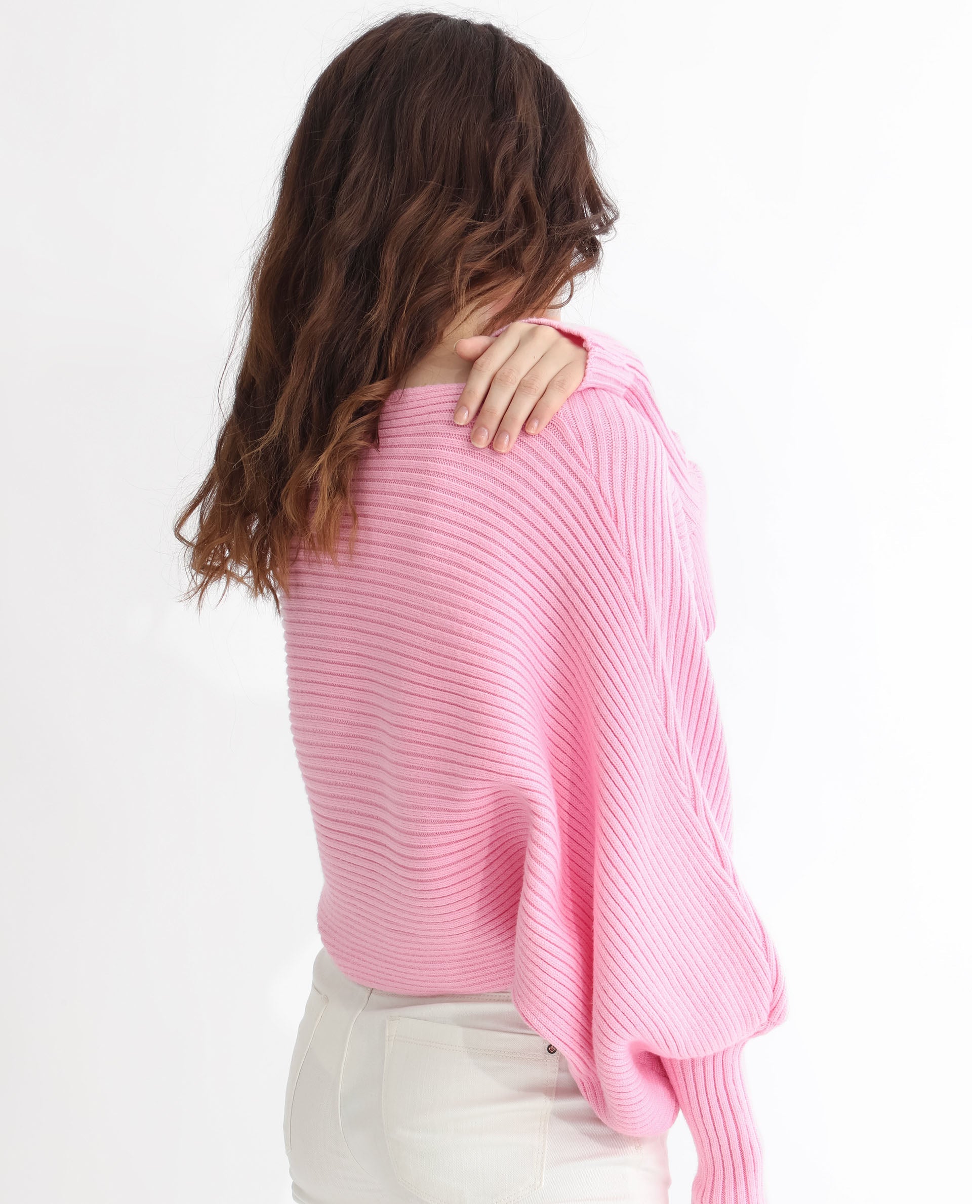 Rareism Women Blaire Light Pink Viscose Nylon Fabric Full Sleeves Round Neck Bishop Sleeve Relaxed Fit Plain Cropped Sweater