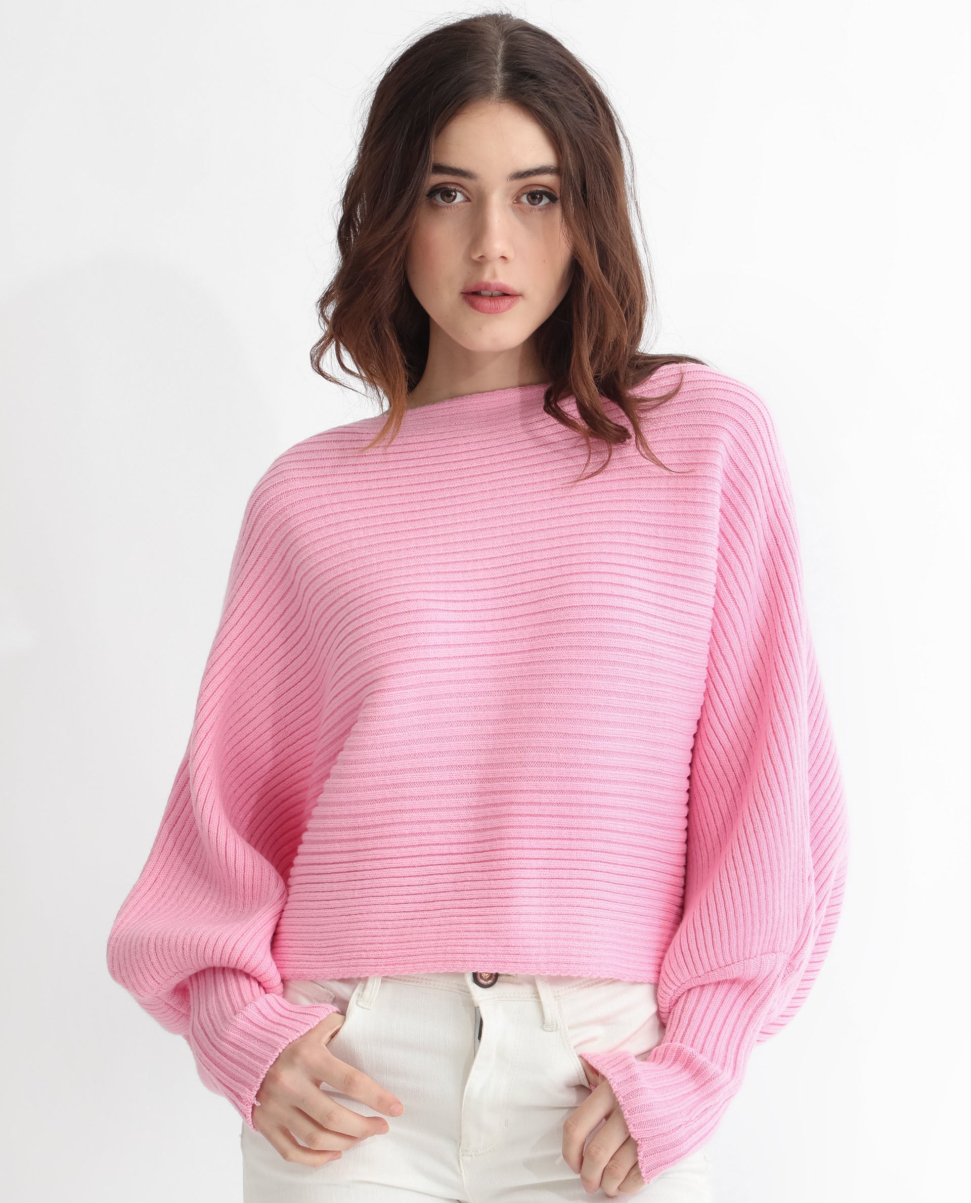 Rareism Women Blaire Light Pink Viscose Nylon Fabric Full Sleeves Round Neck Bishop Sleeve Relaxed Fit Plain Cropped Sweater