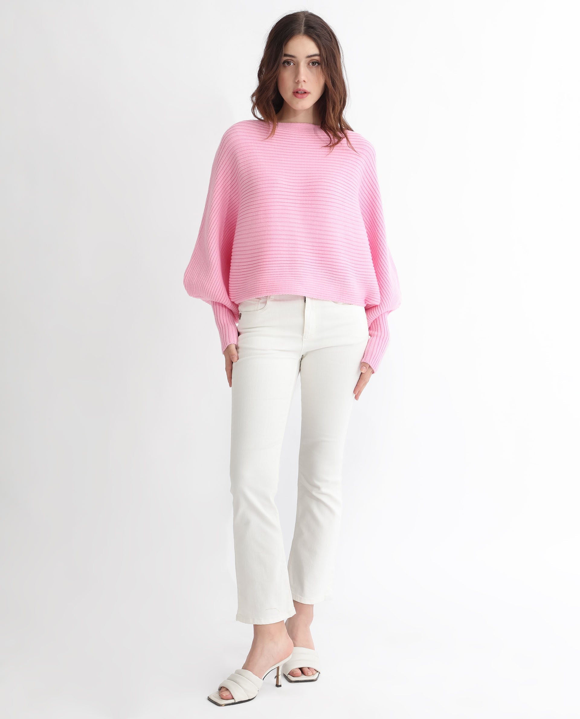 Rareism Women Blaire Light Pink Viscose Nylon Fabric Full Sleeves Round Neck Bishop Sleeve Relaxed Fit Plain Cropped Sweater
