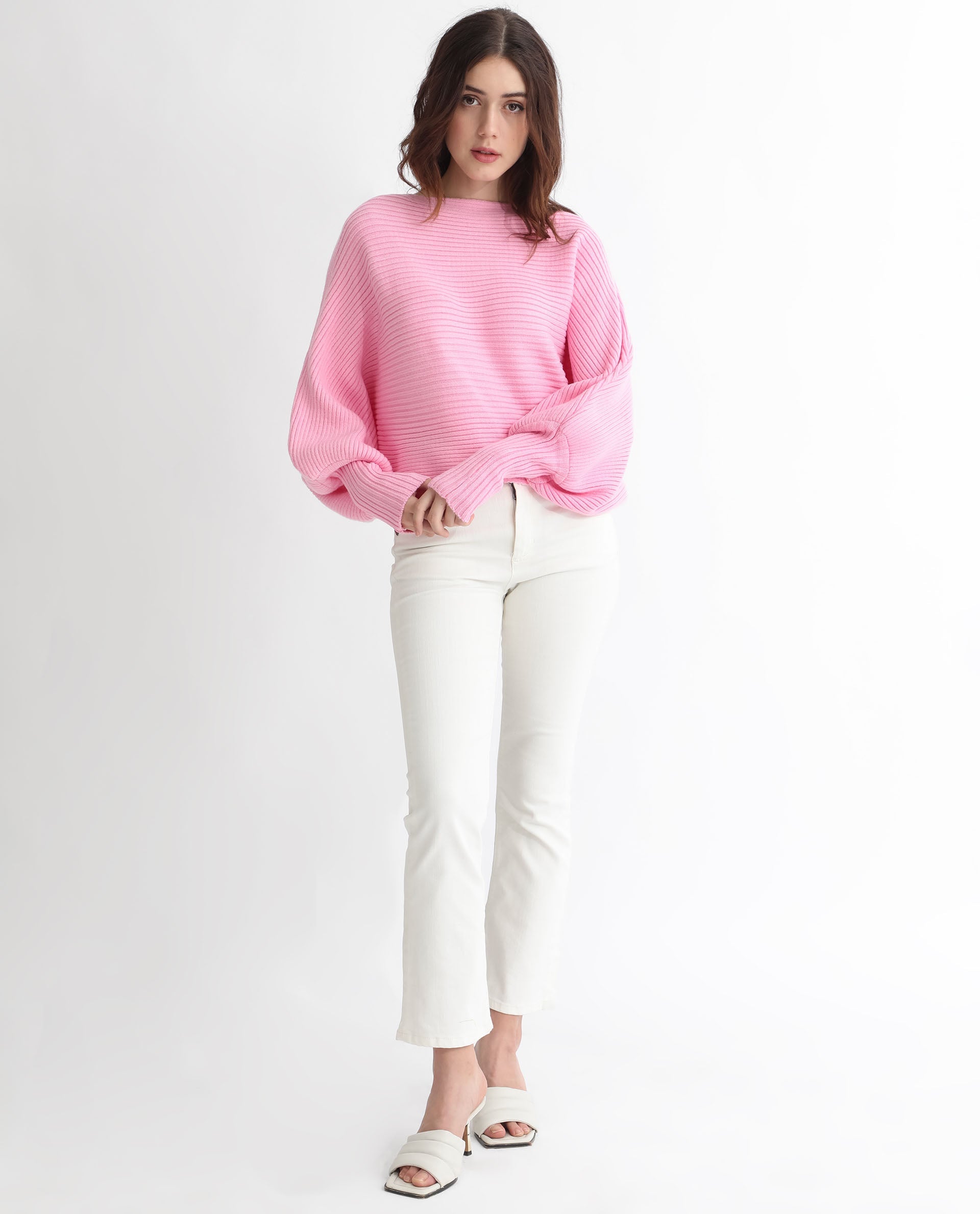 Rareism Women Blaire Light Pink Viscose Nylon Fabric Full Sleeves Round Neck Bishop Sleeve Relaxed Fit Plain Cropped Sweater