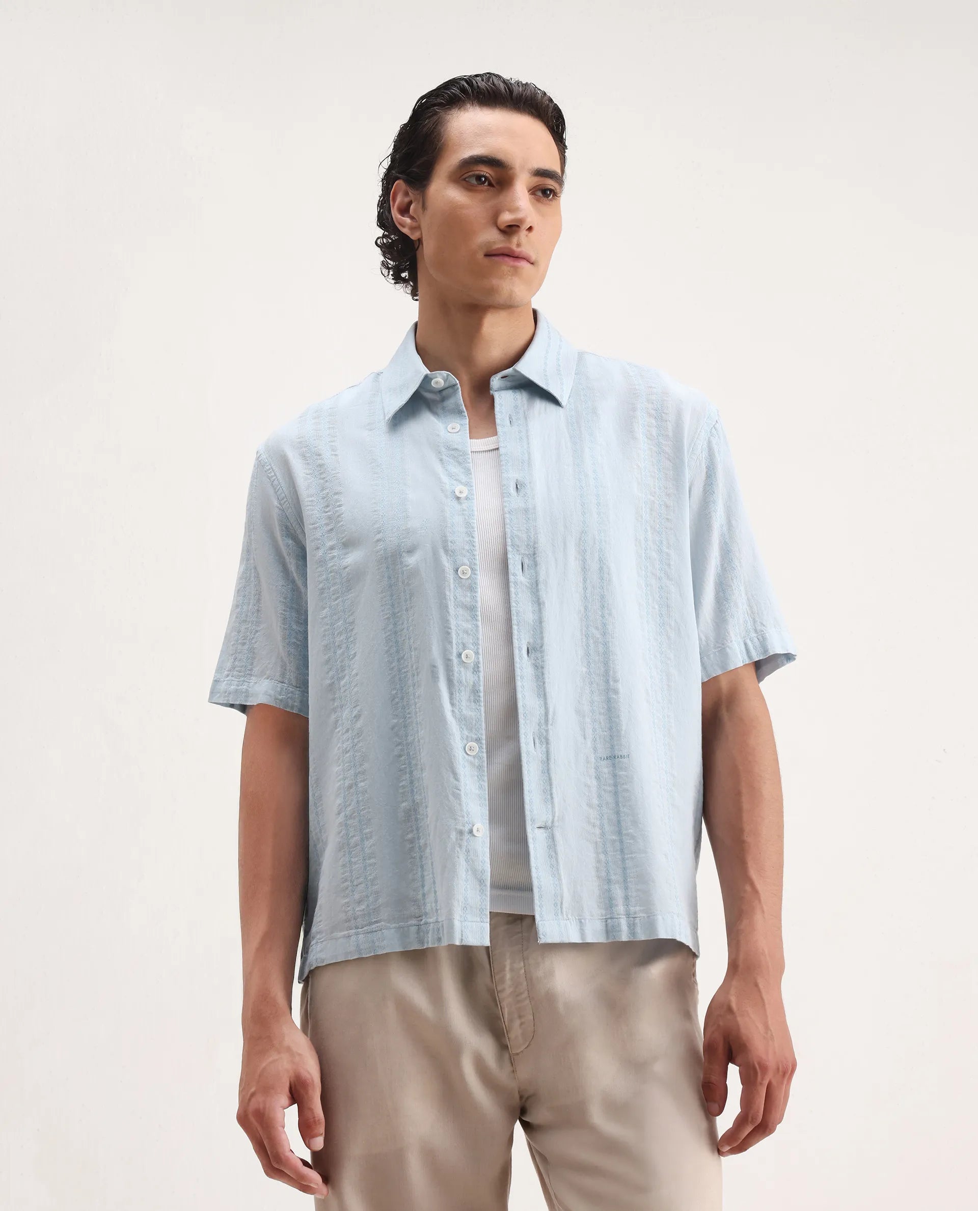 Rare Rabbit Men's Blarn Pastel Blue Cotton Blend Striped Print Boxy Fit Half Sleeve Collared Shirt