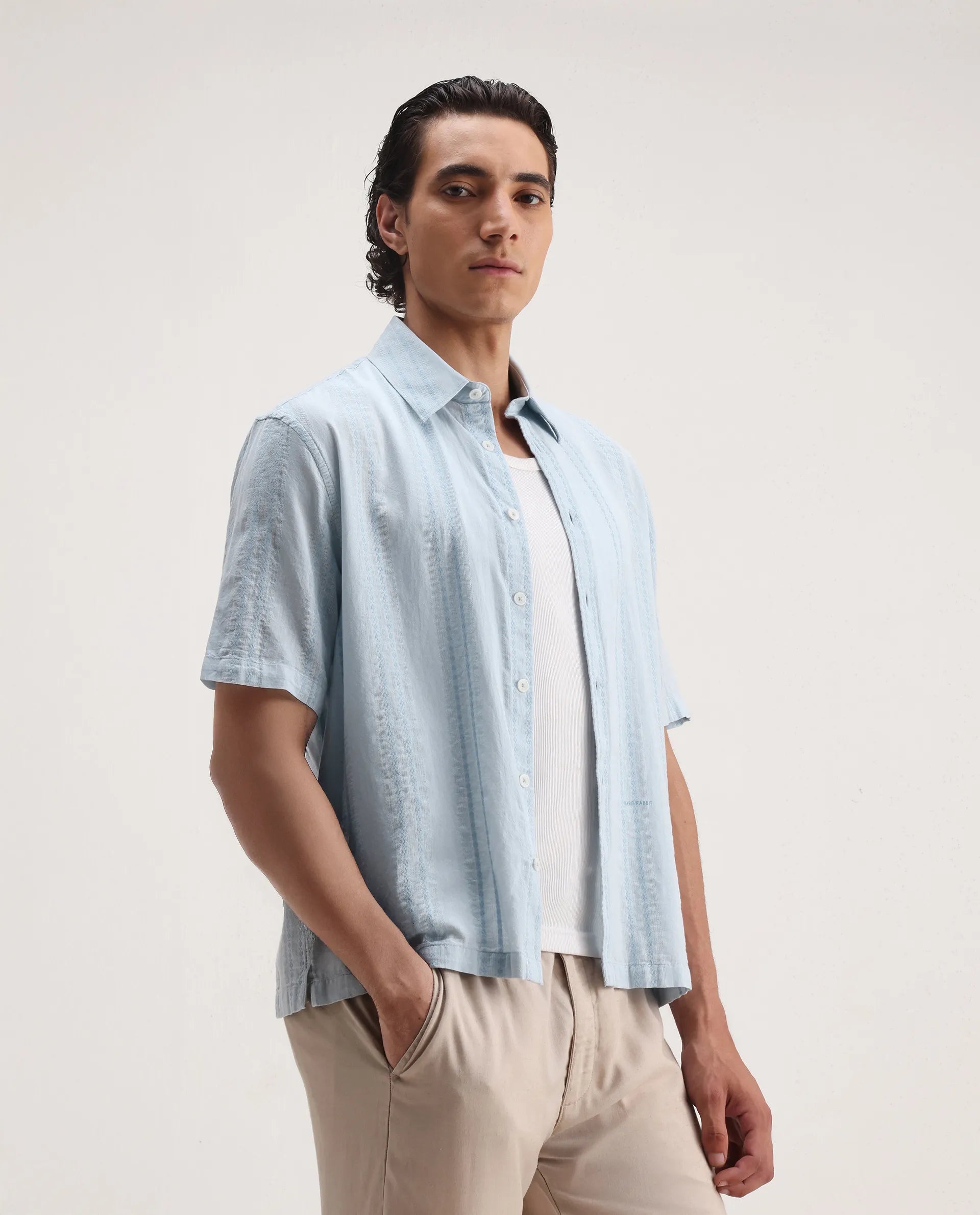 Rare Rabbit Men's Blarn Pastel Blue Cotton Blend Striped Print Boxy Fit Half Sleeve Collared Shirt