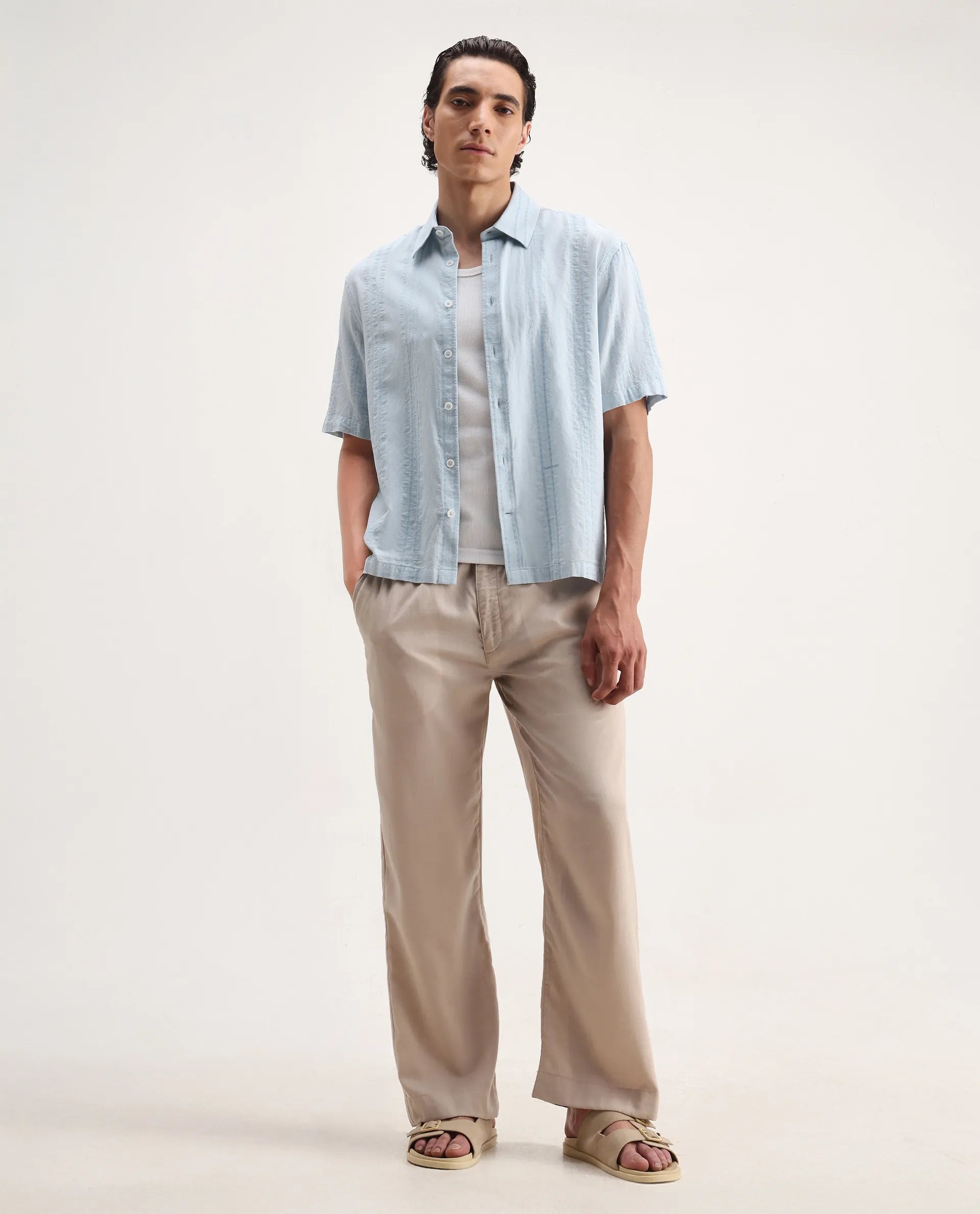 Rare Rabbit Men's Blarn Pastel Blue Cotton Blend Striped Print Boxy Fit Half Sleeve Collared Shirt