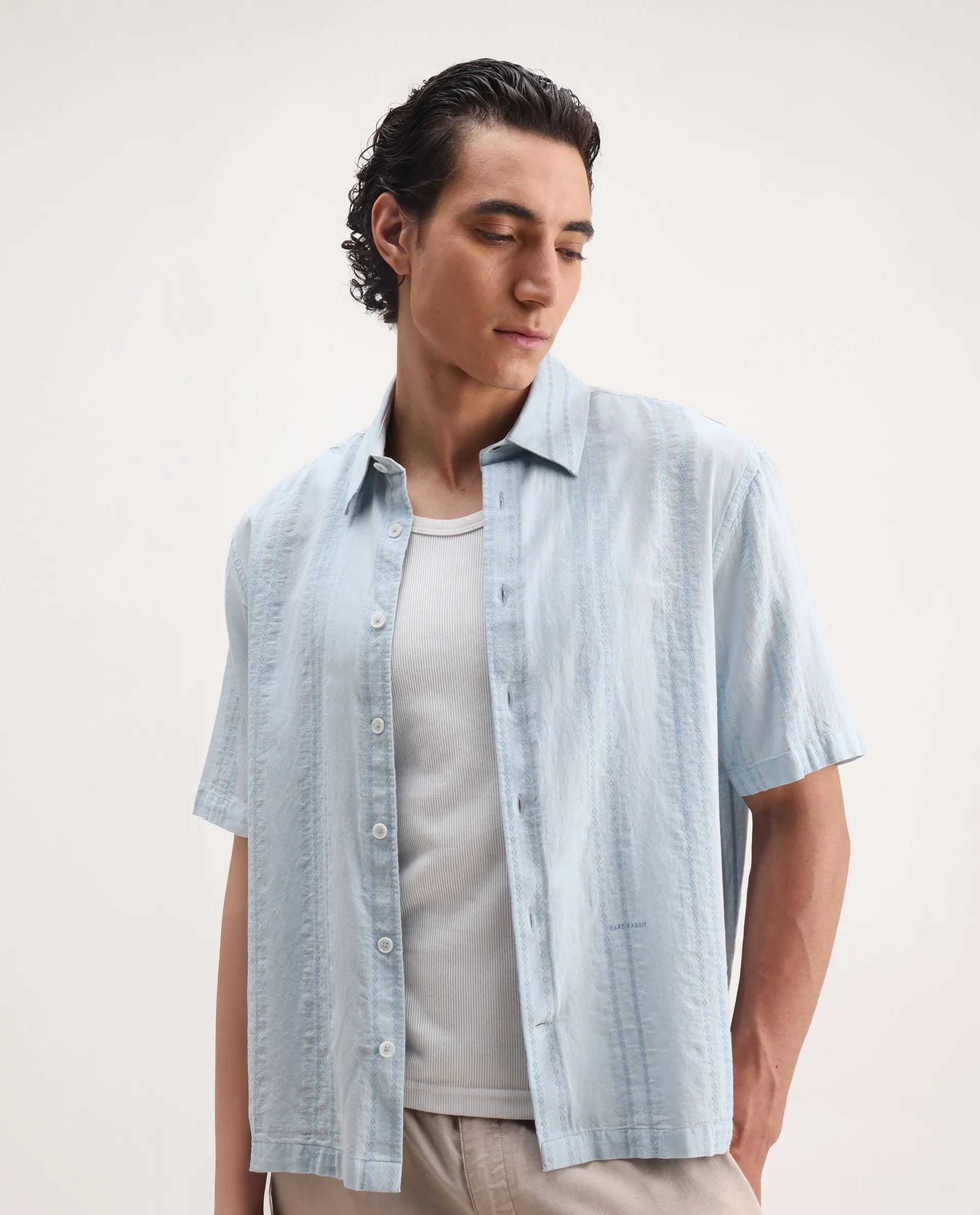 Rare Rabbit Men's Blarn Pastel Blue Cotton Blend Striped Print Boxy Fit Half Sleeve Collared Shirt