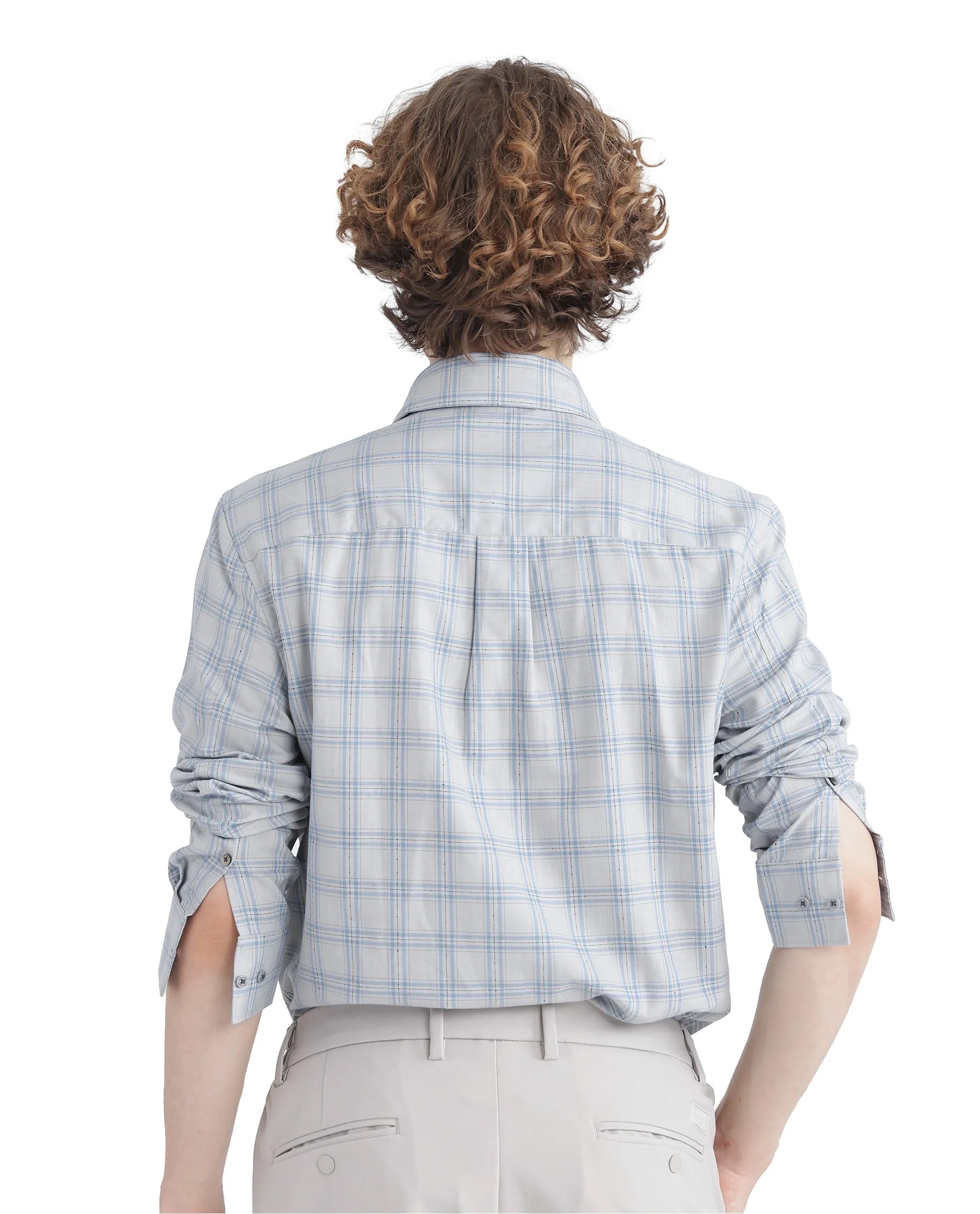 Rare Rabbit Men's Blase Light Grey Cotton Fabric Full Sleeve Collared Neck Checks Shirt