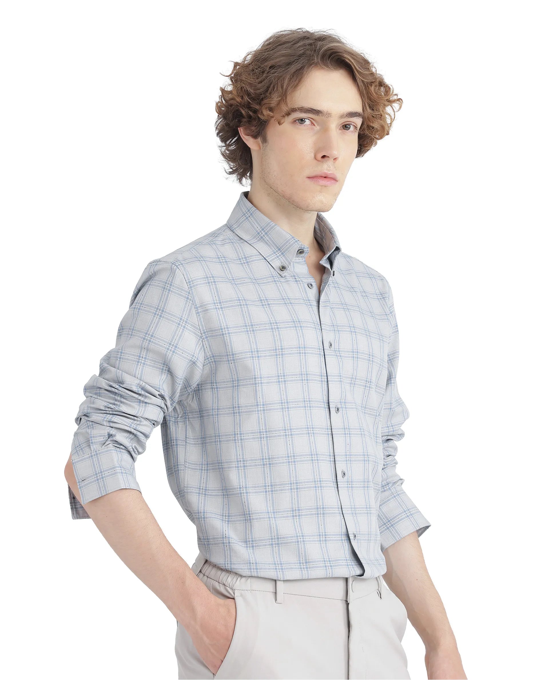 Rare Rabbit Men's Blase Light Grey Cotton Fabric Full Sleeve Collared Neck Checks Shirt