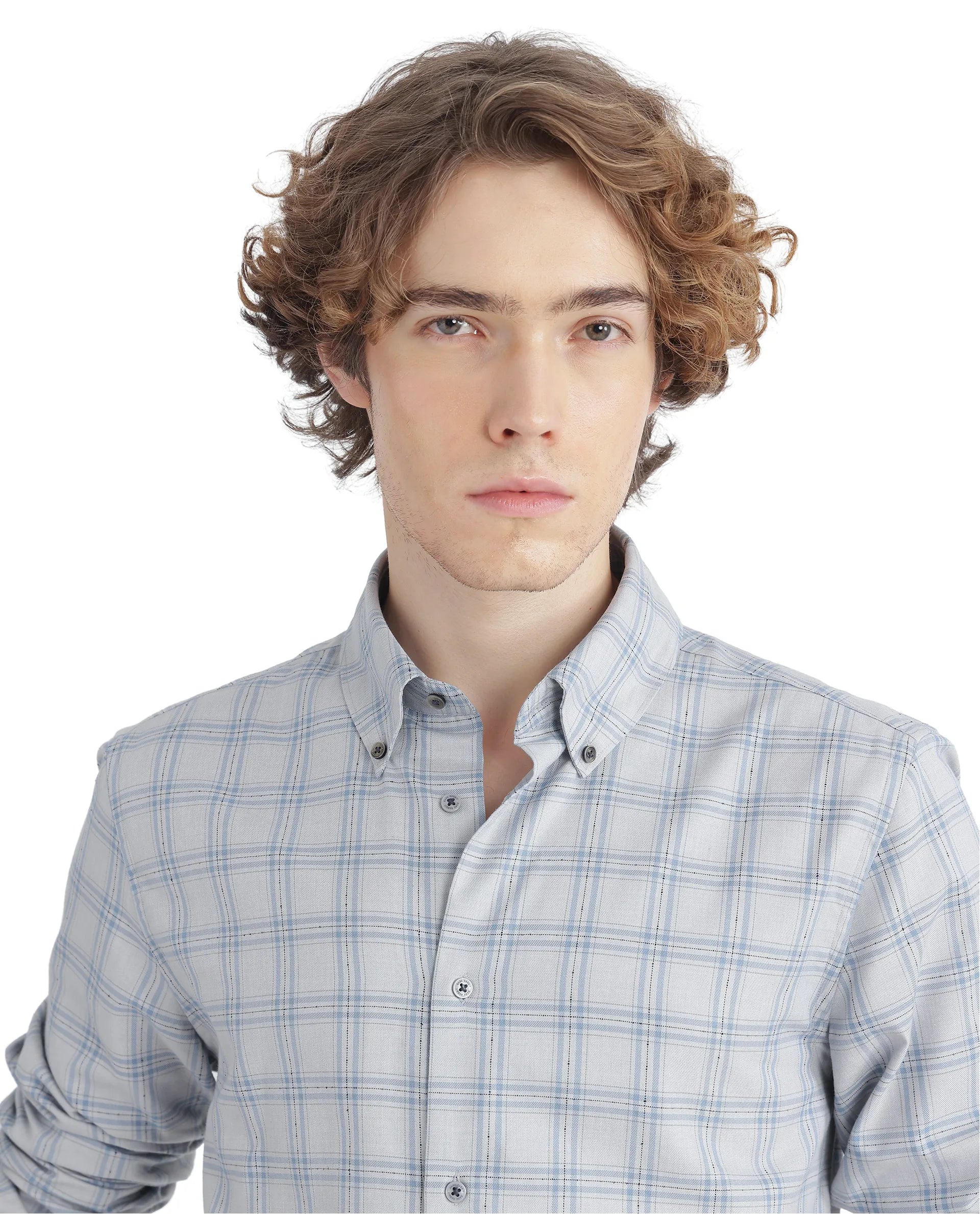 Rare Rabbit Men's Blase Light Grey Cotton Fabric Full Sleeve Collared Neck Checks Shirt