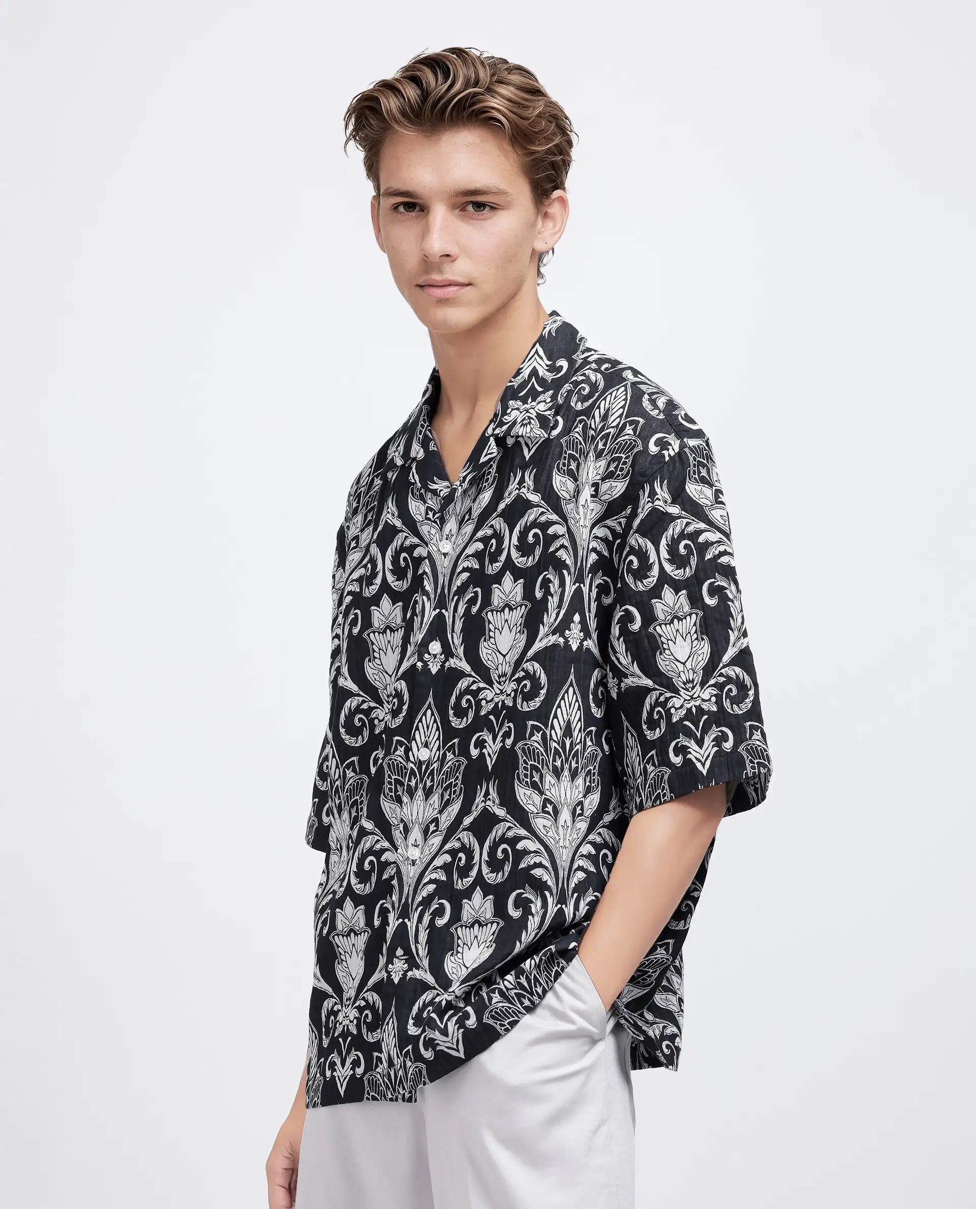 Rare Rabbit Men Ble Black Cotton Blend Fabric Short Sleeve Collared Neck Plain Shirt