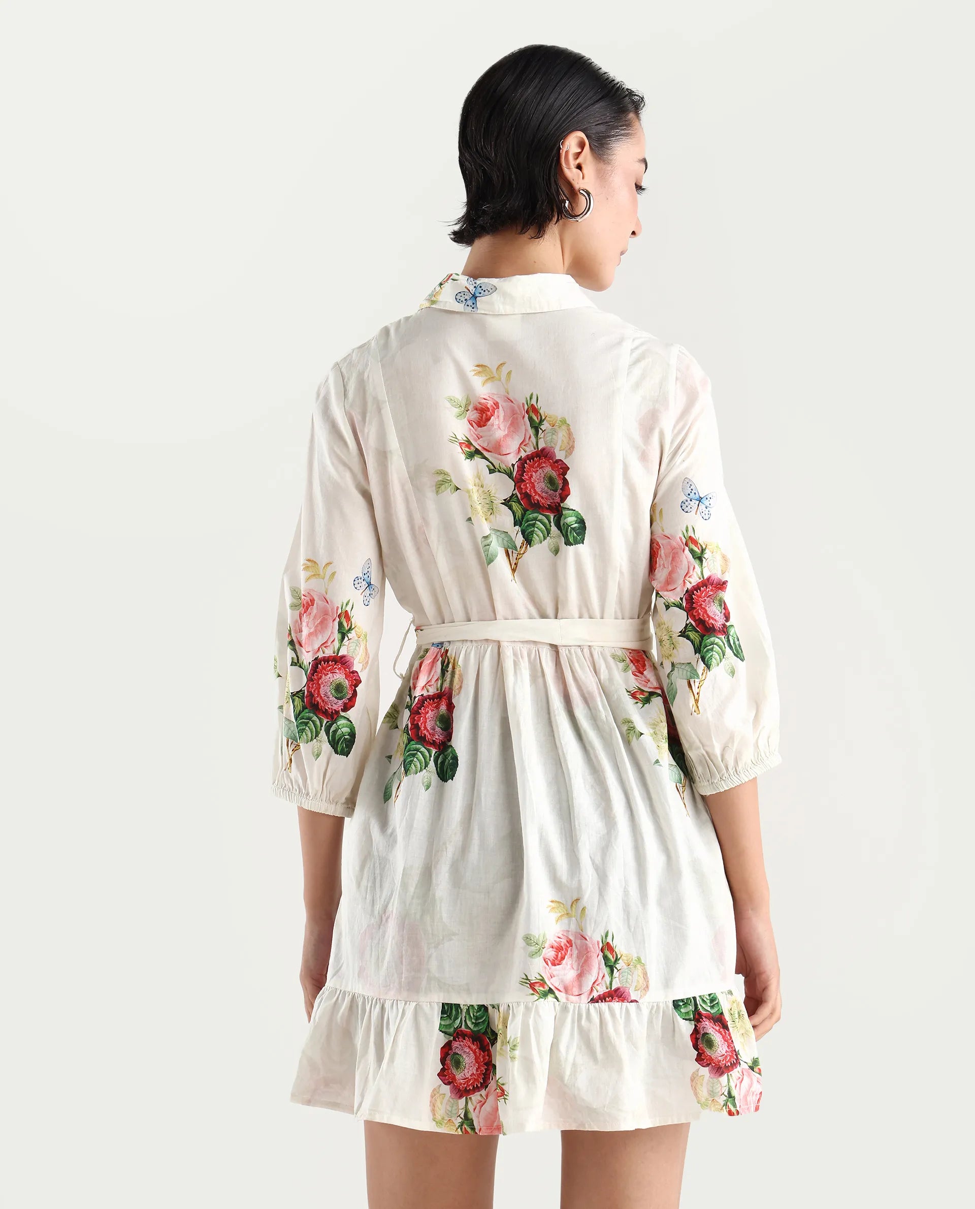 Rareism Women's Blecki Off White Cotton Drop Collar Floral Print Cuffed Sleeve Mini Fit And Flare Dress