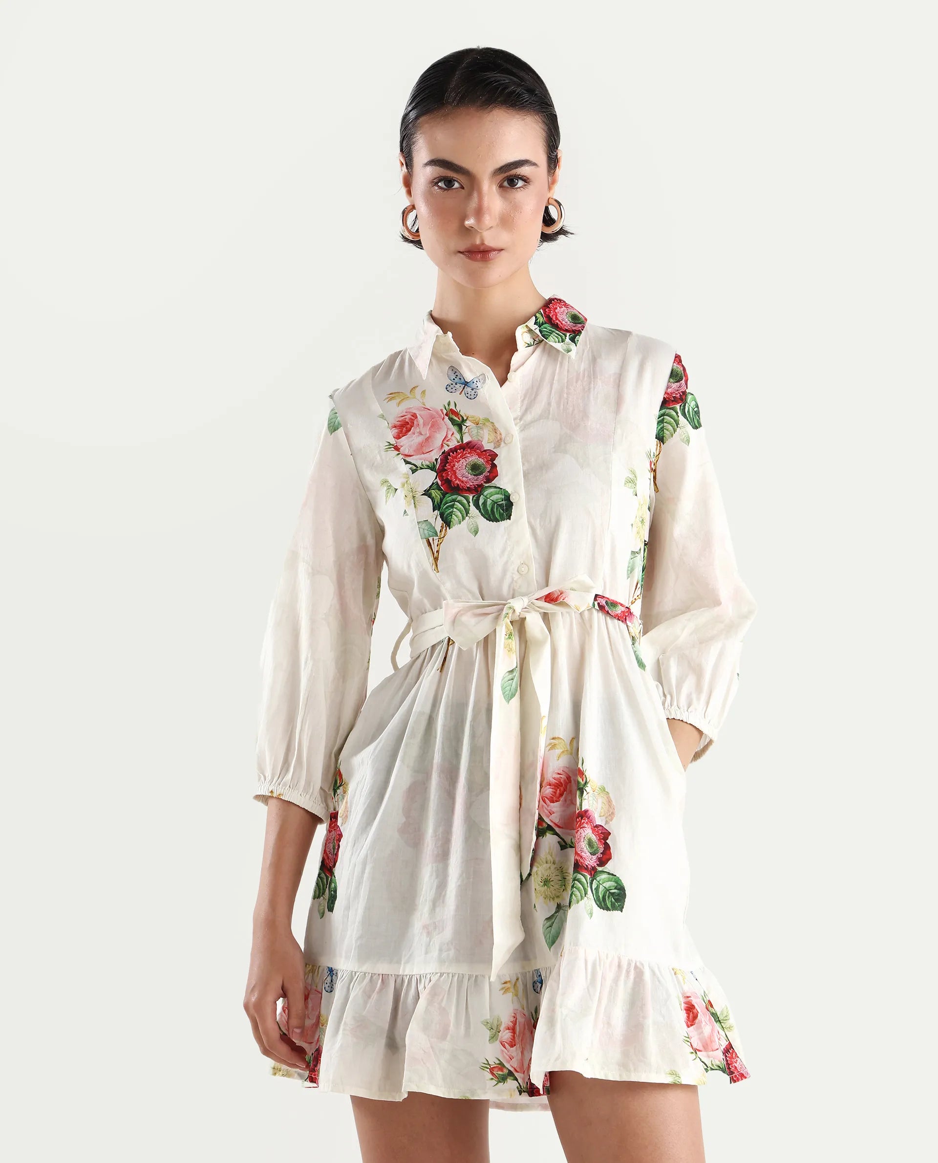 Rareism Women's Blecki Off White Cotton Drop Collar Floral Print Cuffed Sleeve Mini Fit And Flare Dress