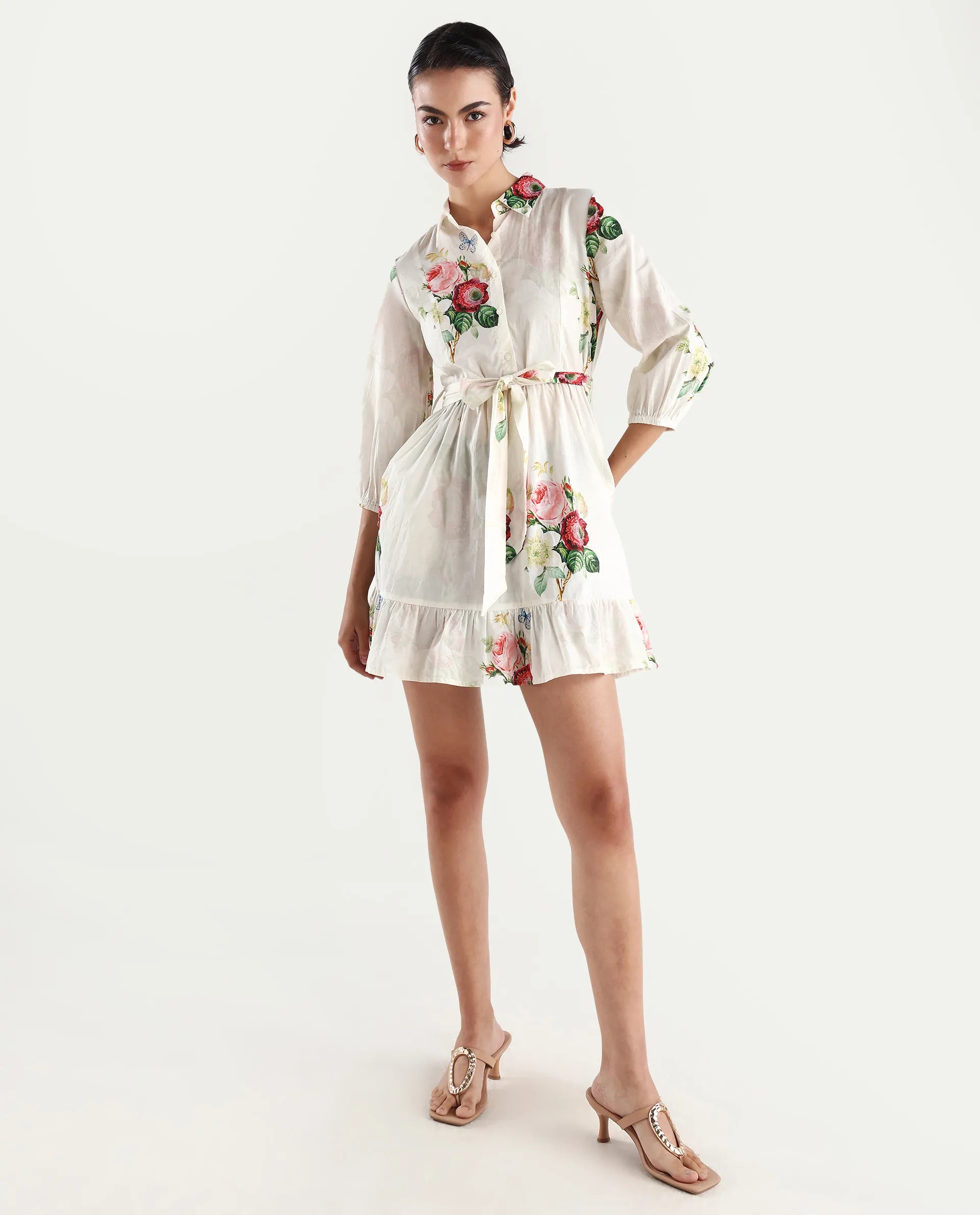 Rareism Women's Blecki Off White Cotton Drop Collar Floral Print Cuffed Sleeve Mini Fit And Flare Dress