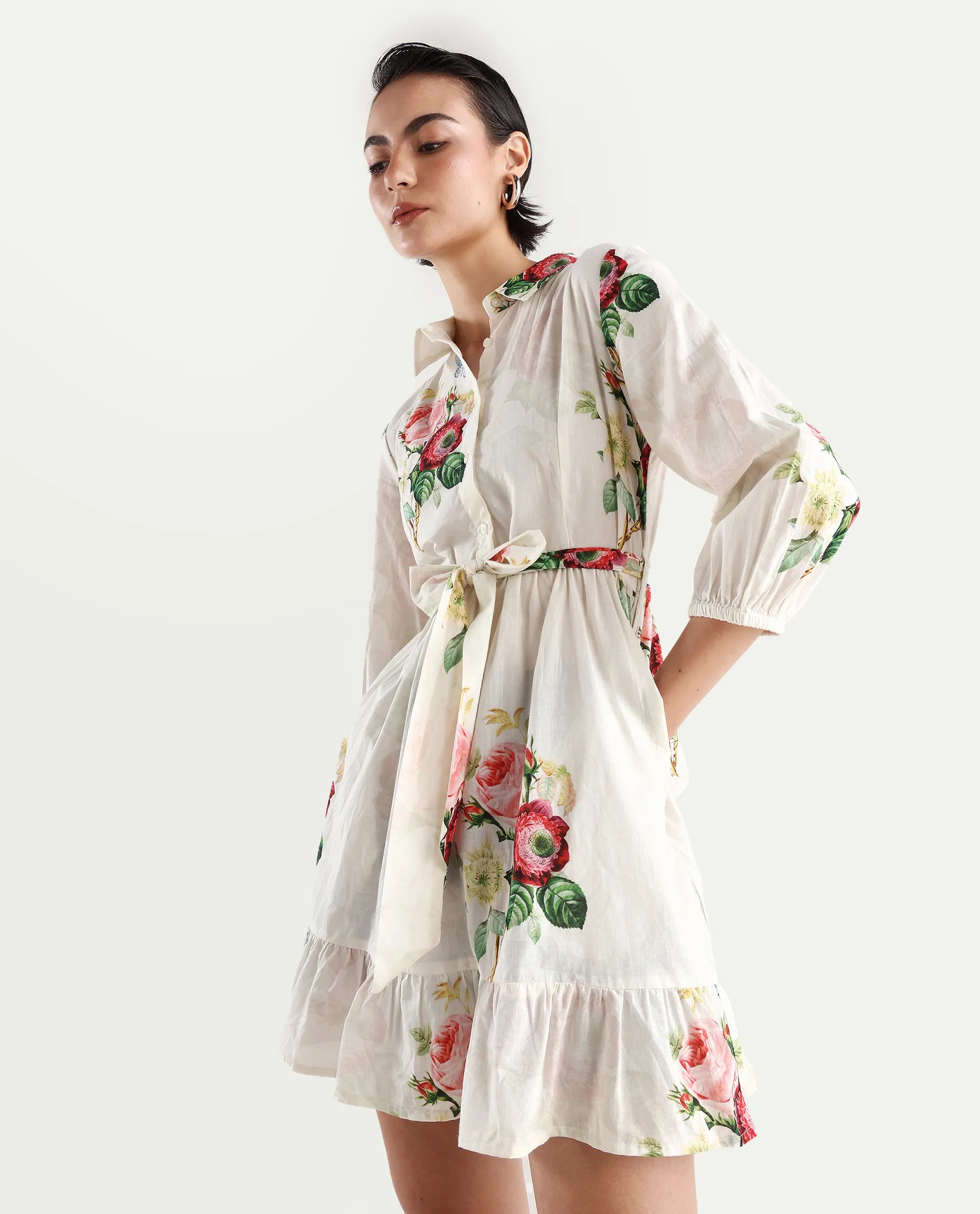 Rareism Women's Blecki Off White Cotton Drop Collar Floral Print Cuffed Sleeve Mini Fit And Flare Dress