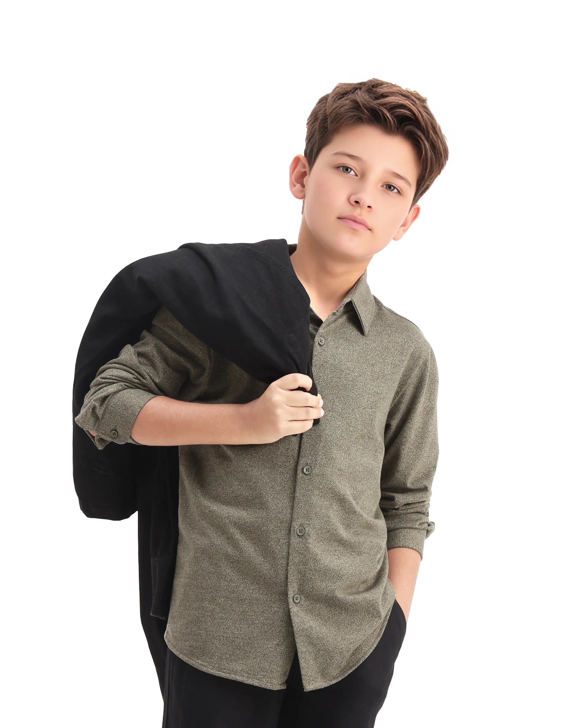 Rare Ones Kids Bler-K Olive Cotton Blend Solid Button Closure Regular Fit Shirt
