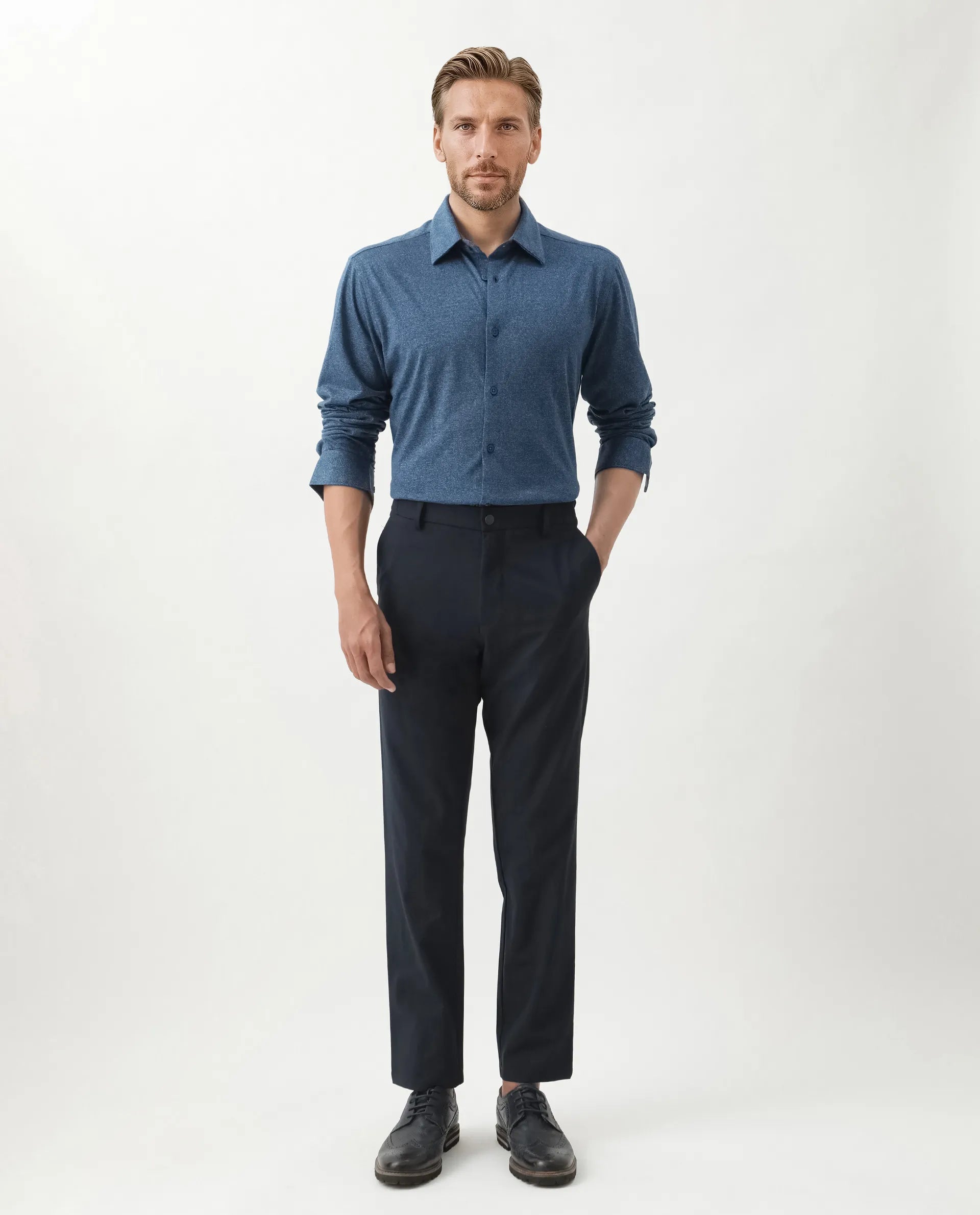 Rare Rabbit Men's Bler Blue Cotton Blend Plain Regular Fit Full Sleeve Collared Shirt