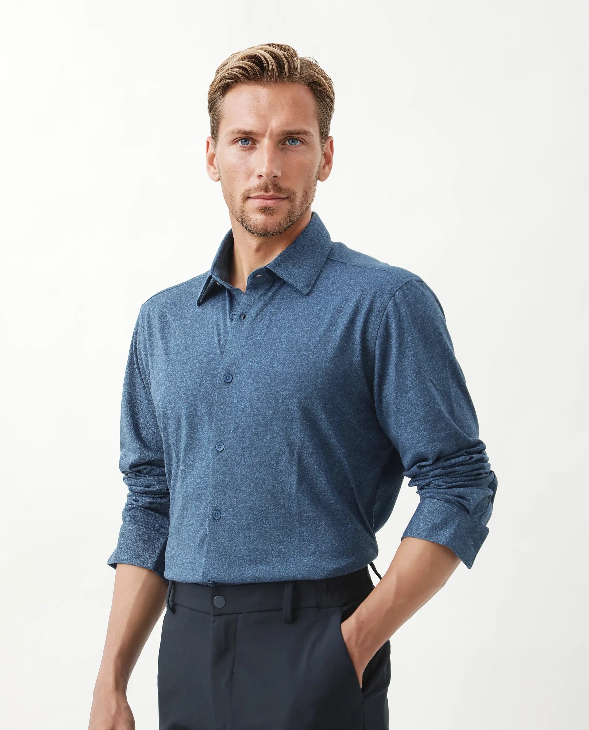 Rare Rabbit Men's Bler Blue Cotton Blend Plain Regular Fit Full Sleeve Collared Shirt