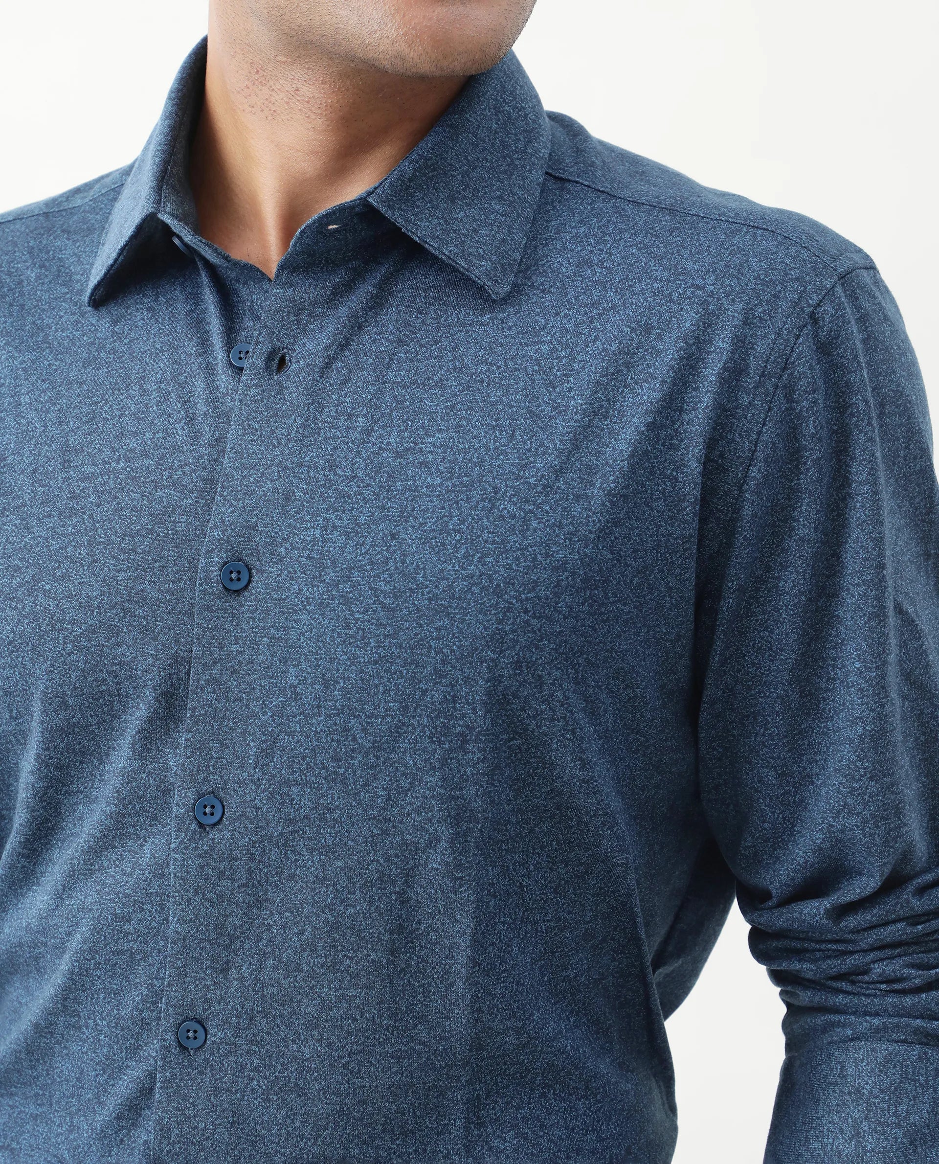 Rare Rabbit Men's Bler Blue Cotton Blend Plain Regular Fit Full Sleeve Collared Shirt