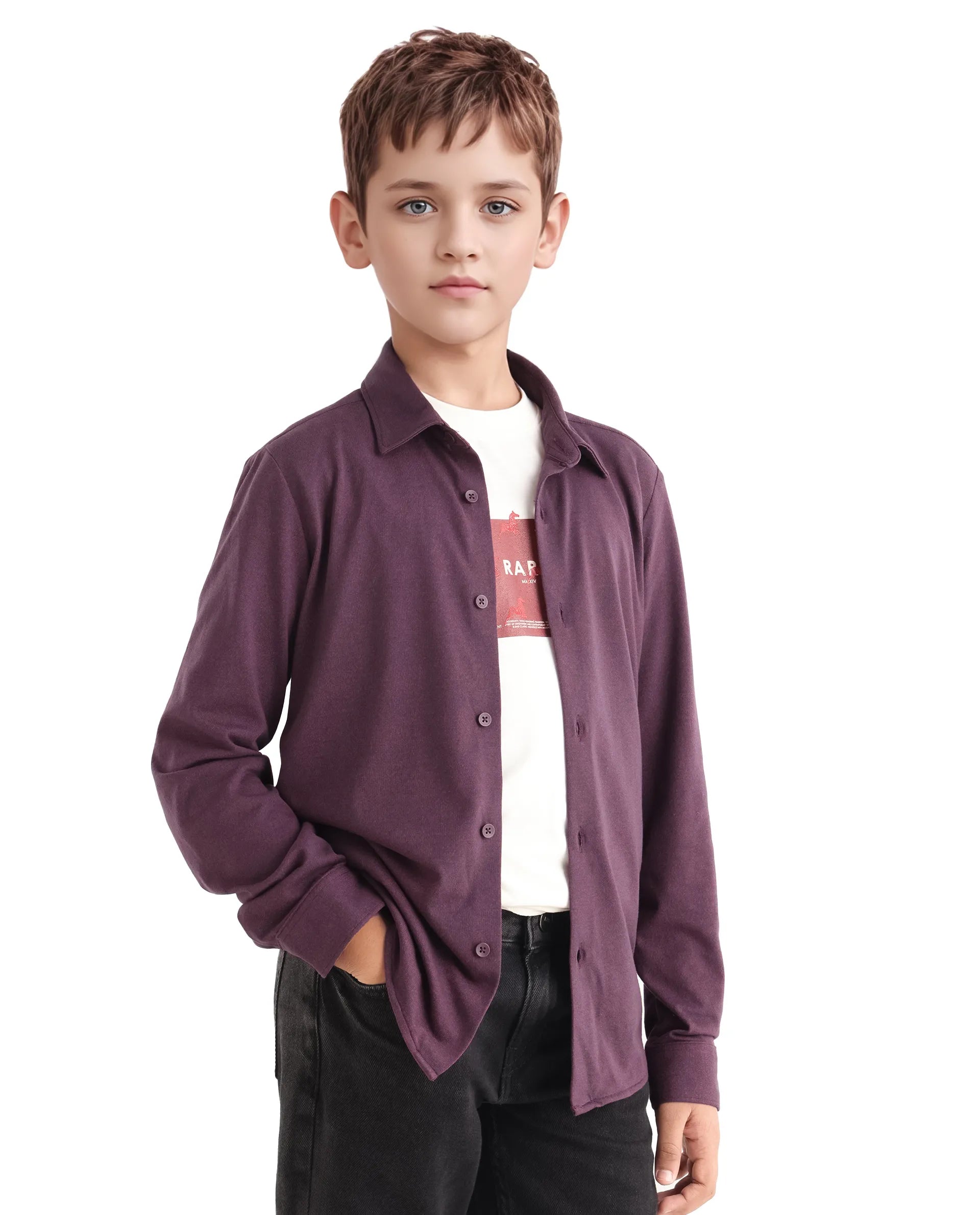 Rare Ones Kids Bler-K Maroon Cotton Blend Plain Button Closure Regular Fit Shirt