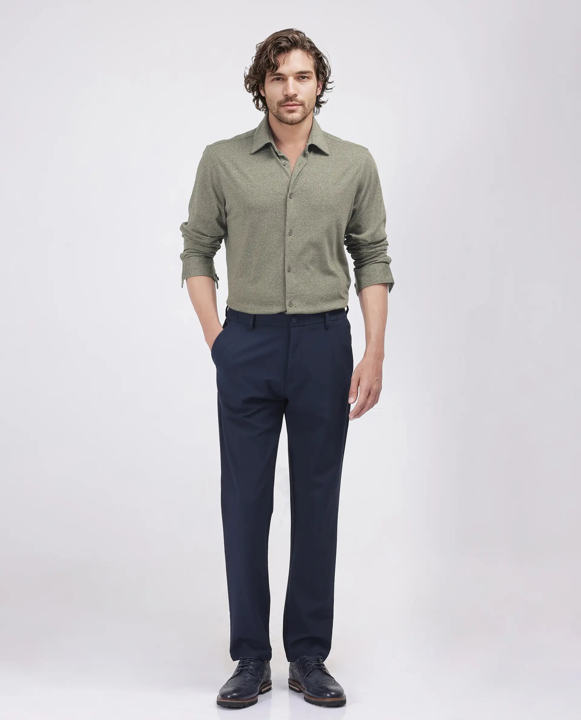 Rare Rabbit Men's Bler Olive Cotton Poly Fabric Full Sleeve Spread Collar Button Closure Regular Fit Plain Shirt