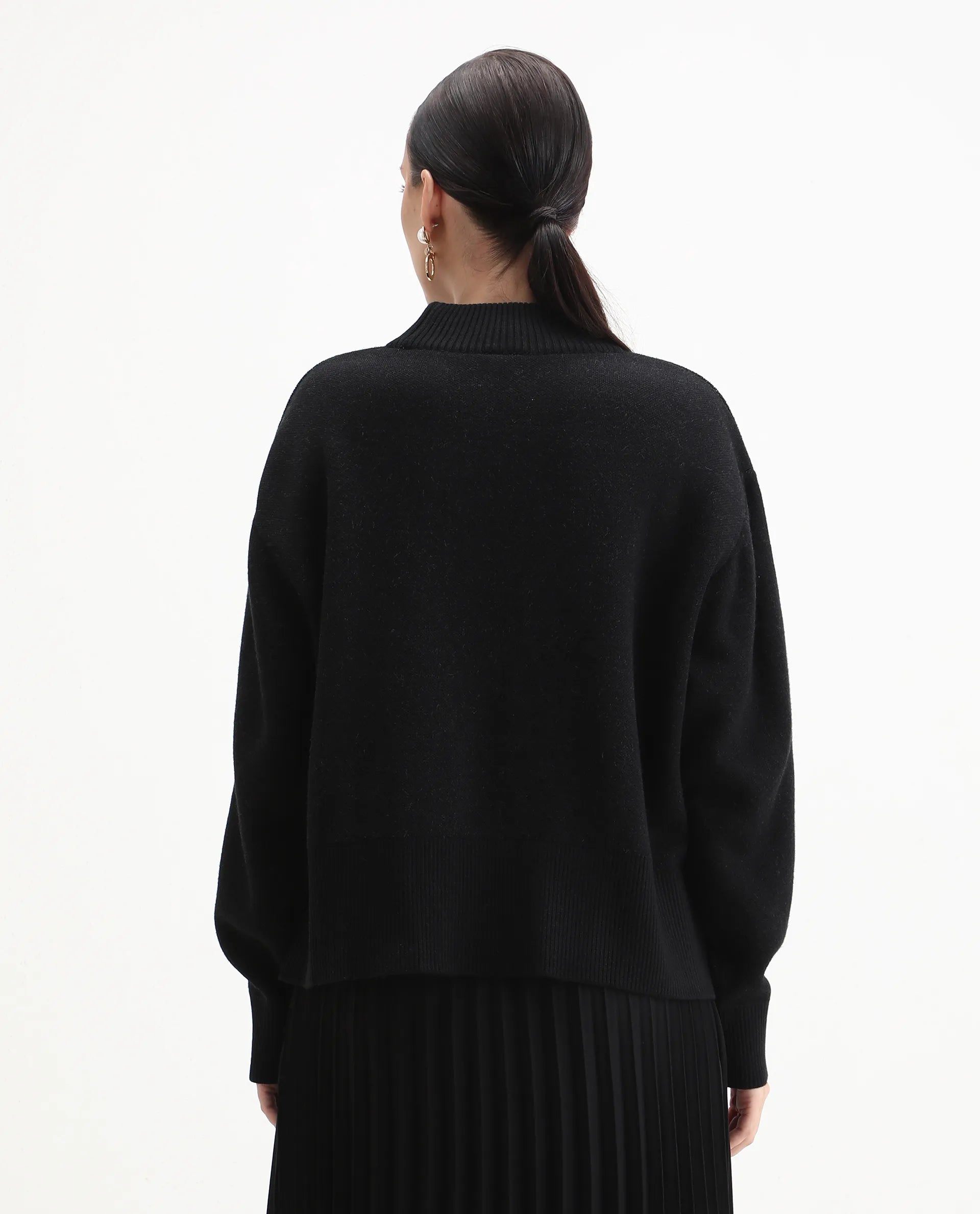 Rareism Women's Blocky Black Acrylic Blend High Neck Relaxed Fit Sweater