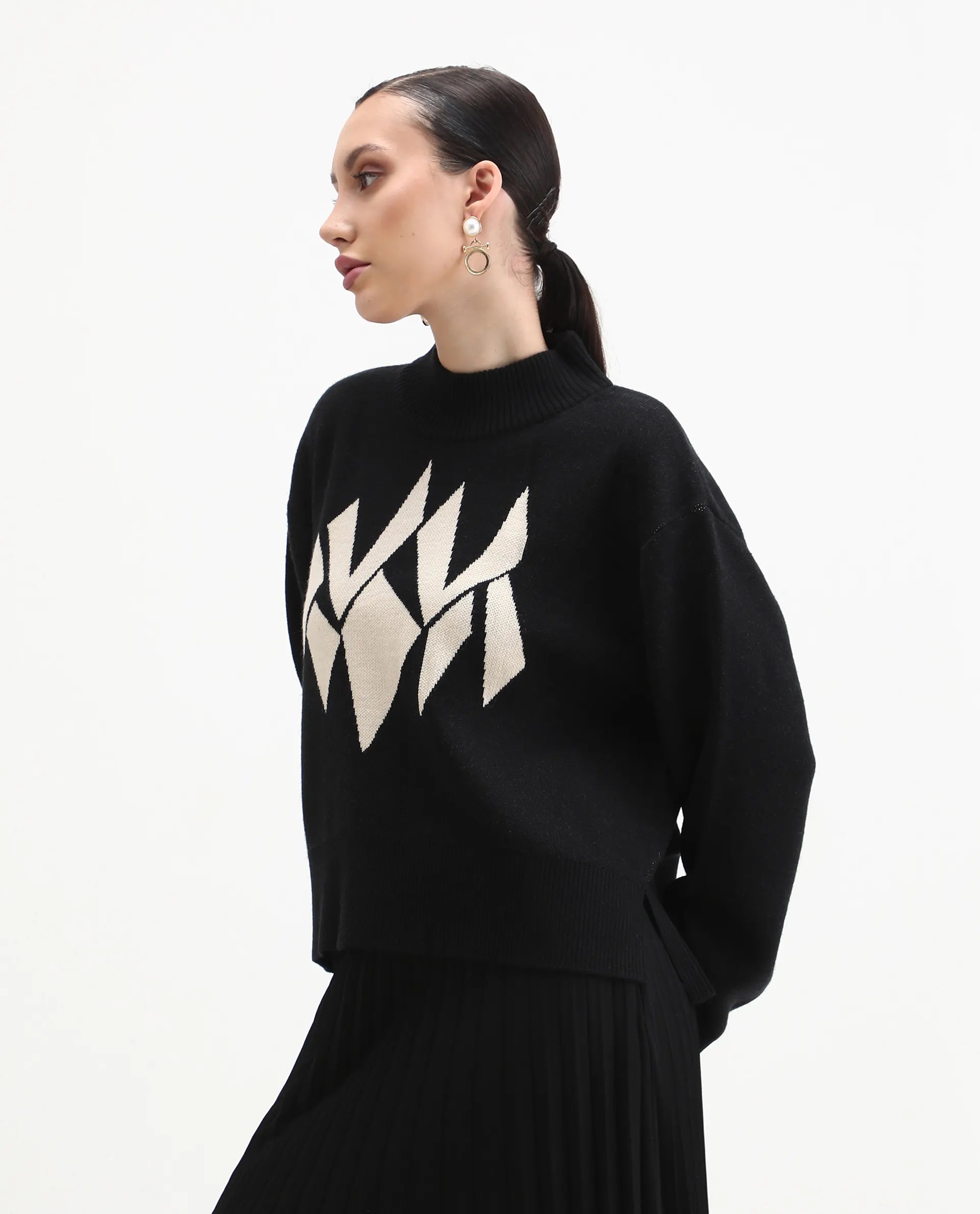 Rareism Women's Blocky Black Acrylic Blend High Neck Relaxed Fit Sweater