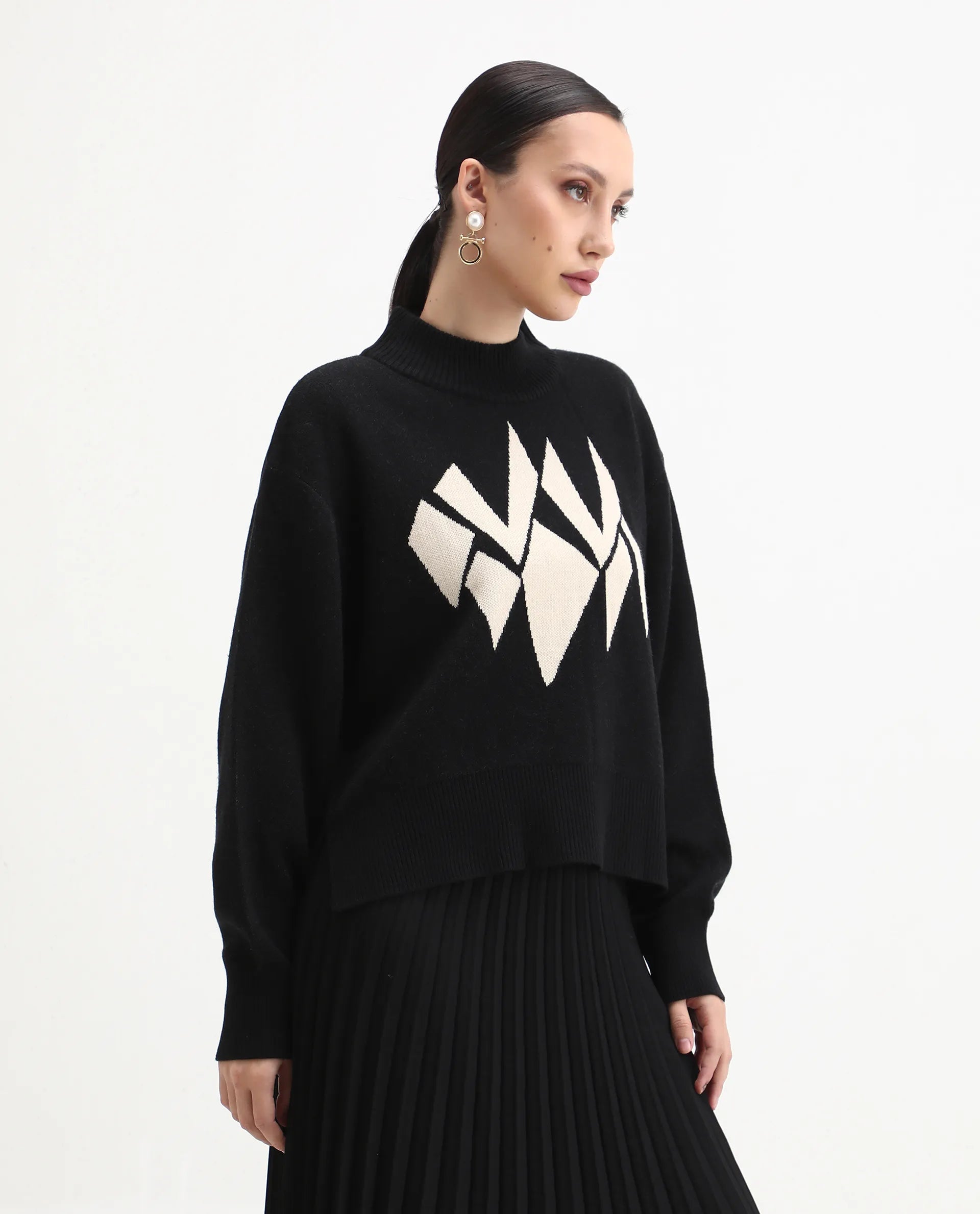 Rareism Women's Blocky Black Acrylic Blend High Neck Relaxed Fit Sweater