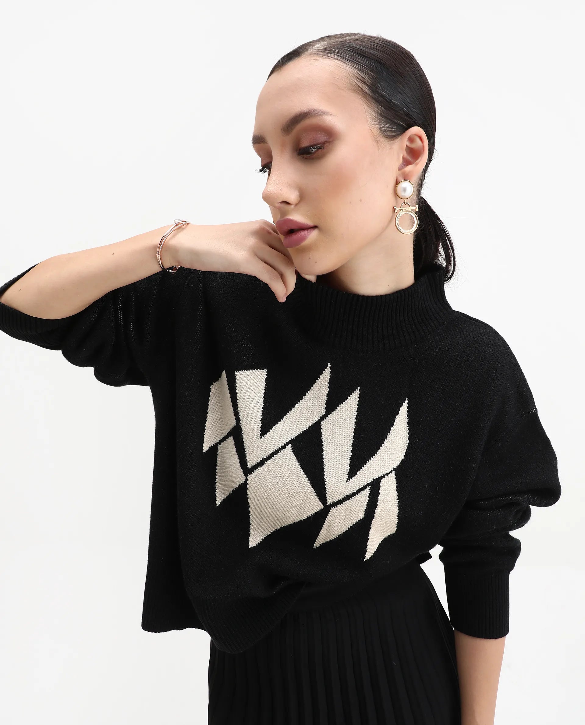 Rareism Women's Blocky Black Acrylic Blend High Neck Relaxed Fit Sweater