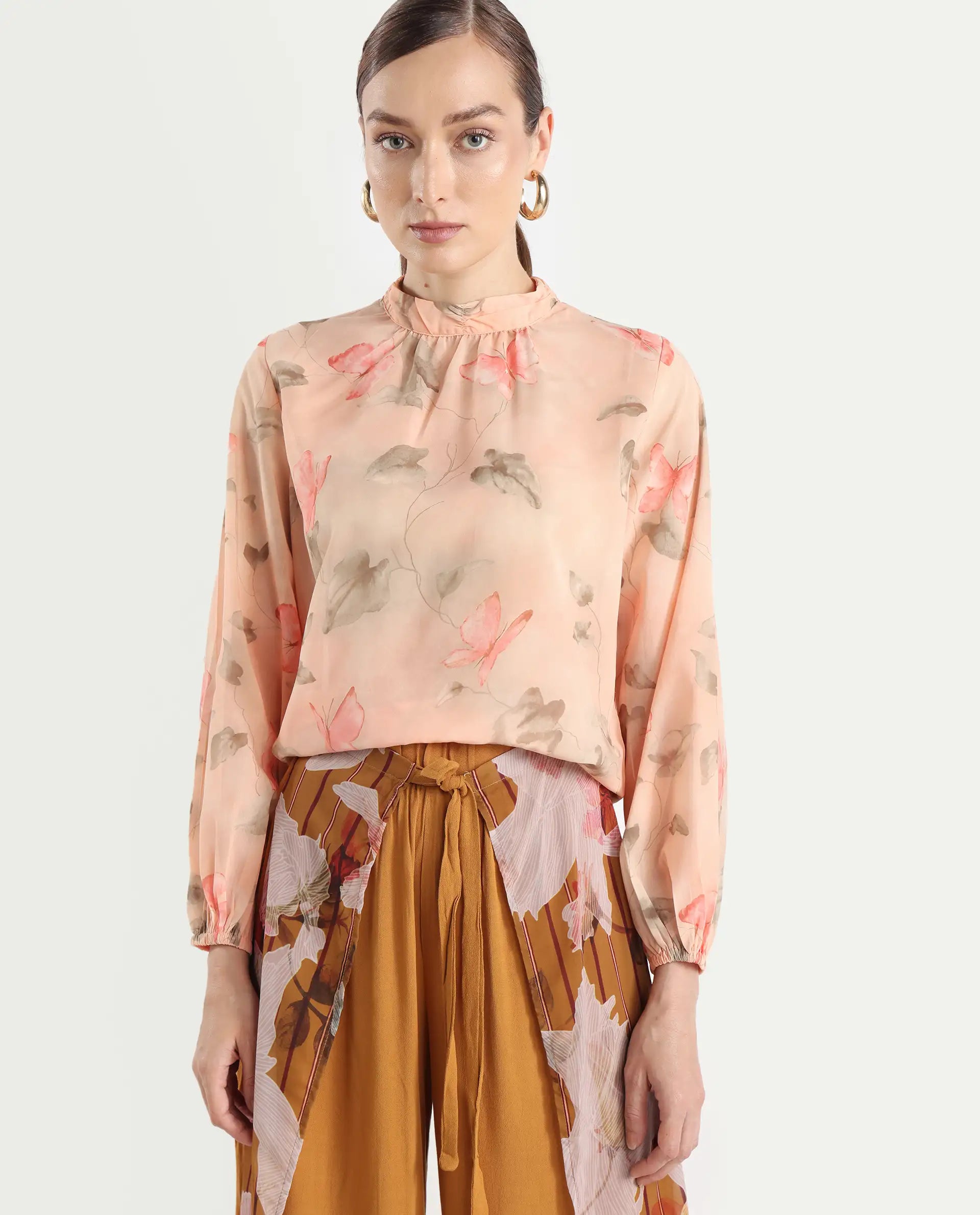 Rareism Women's Blois Multi Polyester High Neck Object Print Bishop Sleeve Regular Fit Top