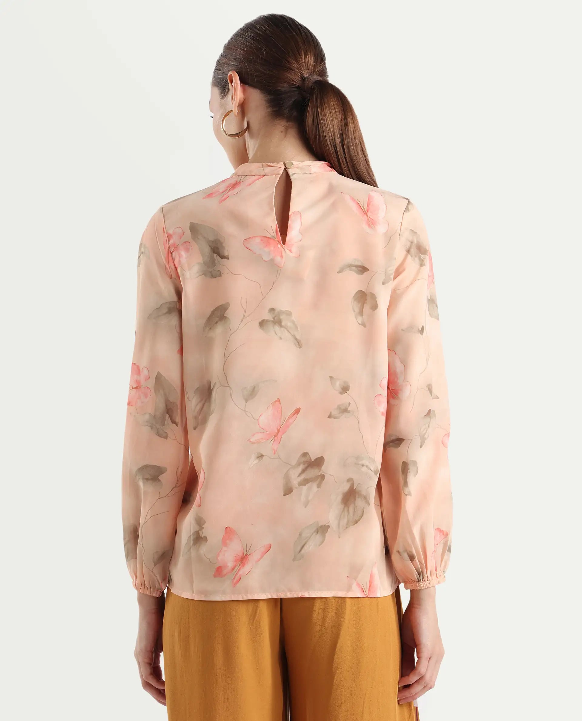 Rareism Women's Blois Multi Polyester High Neck Object Print Bishop Sleeve Regular Fit Top