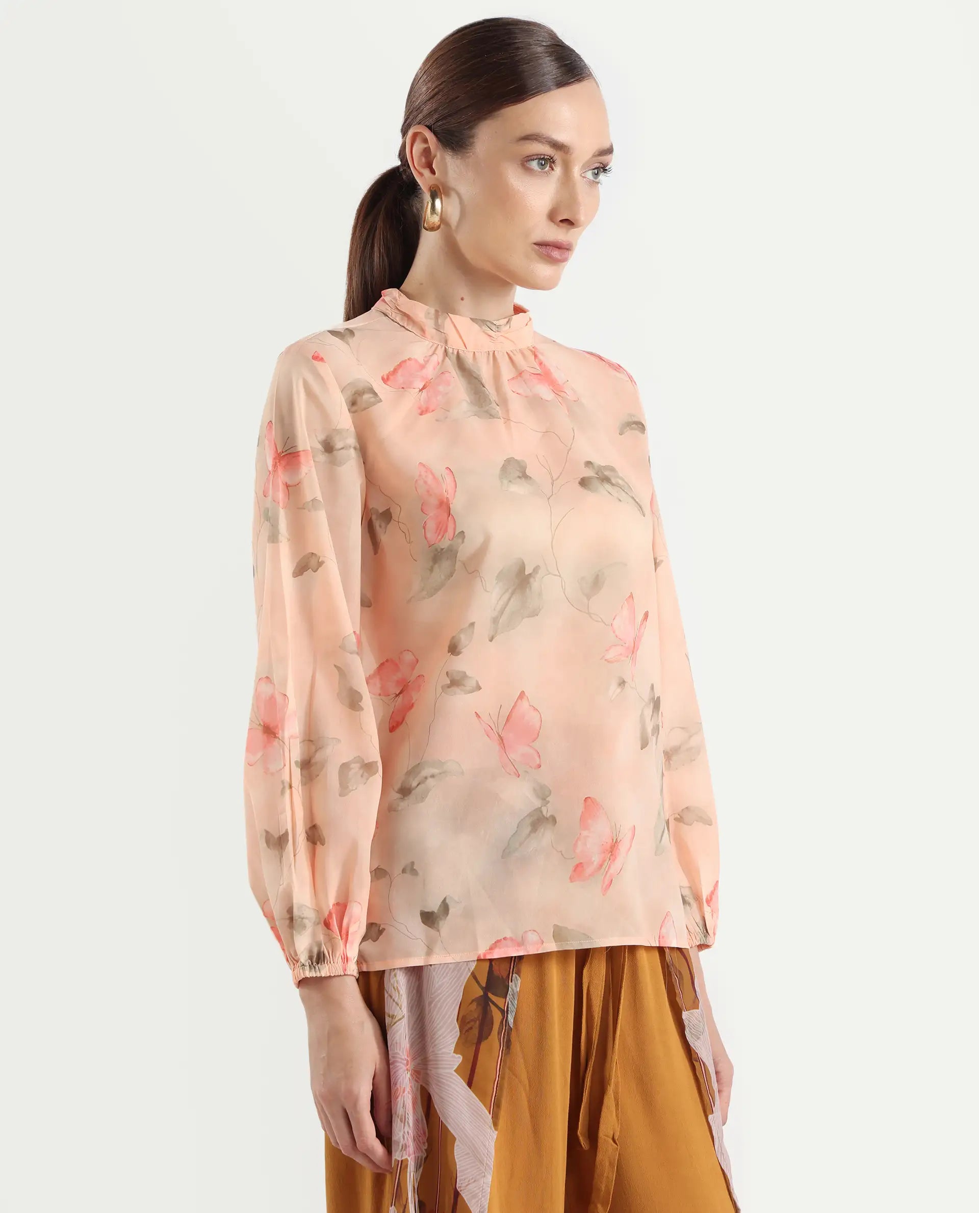 Rareism Women's Blois Multi Polyester High Neck Object Print Bishop Sleeve Regular Fit Top