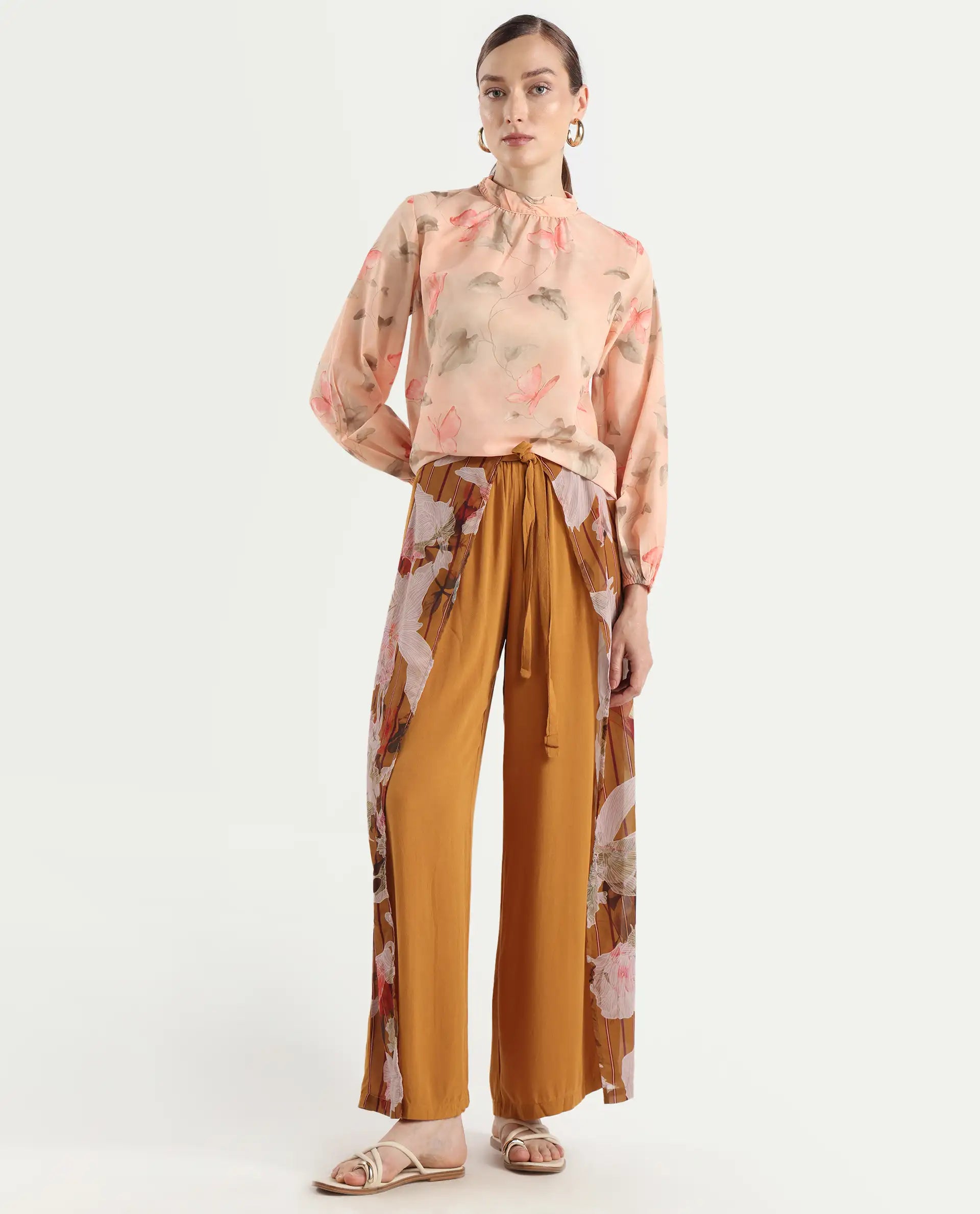 Rareism Women's Blois Multi Polyester High Neck Object Print Bishop Sleeve Regular Fit Top