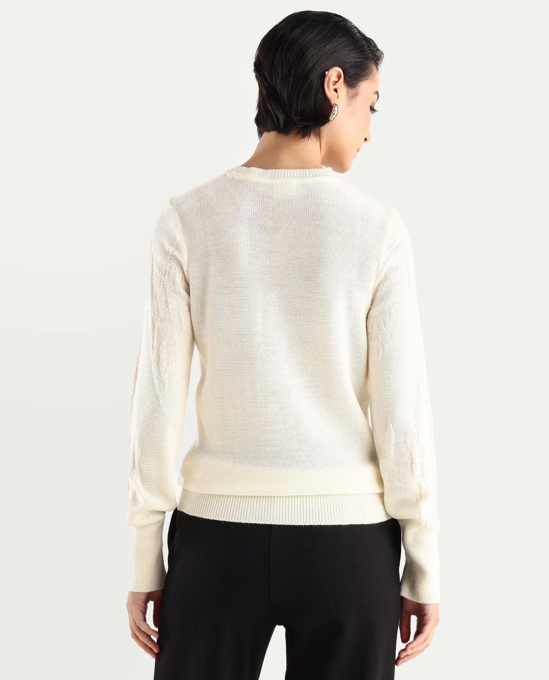 Rareism Women's Bloomy Off White Acrylic Crew Neck Jacquard Relaxed Fit Sweater