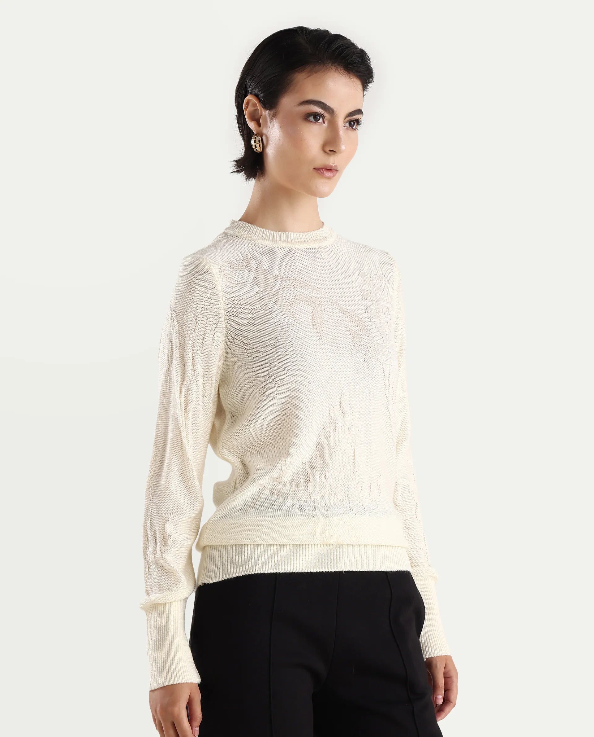 Rareism Women's Bloomy Off White Acrylic Crew Neck Jacquard Relaxed Fit Sweater